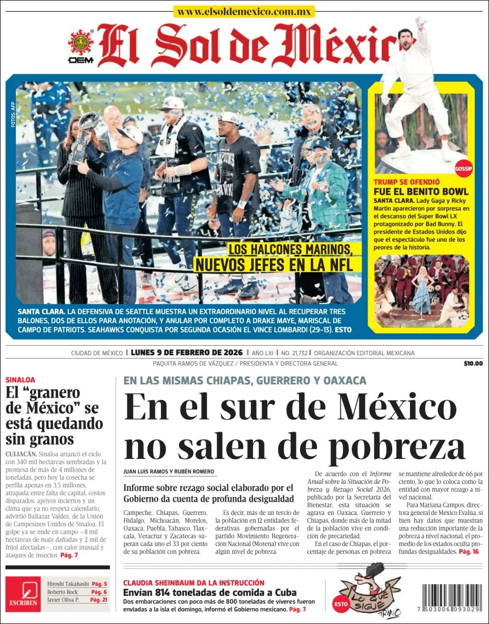 Portada de El Sol de Mexico del lunes, 9 de febrero de 2026
