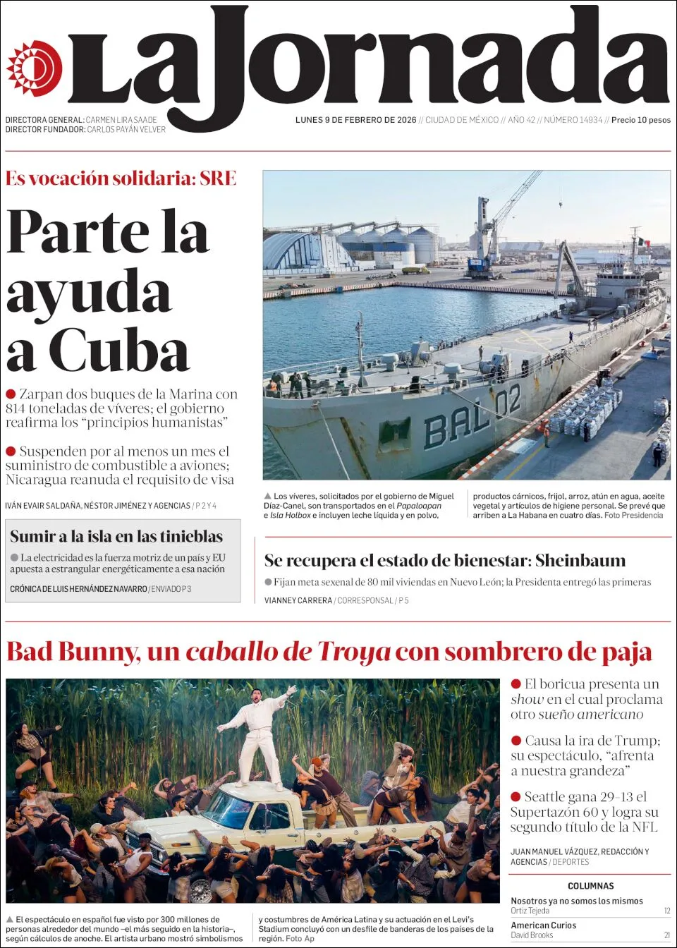 Portada de La Jornada del lunes, 9 de febrero de 2026