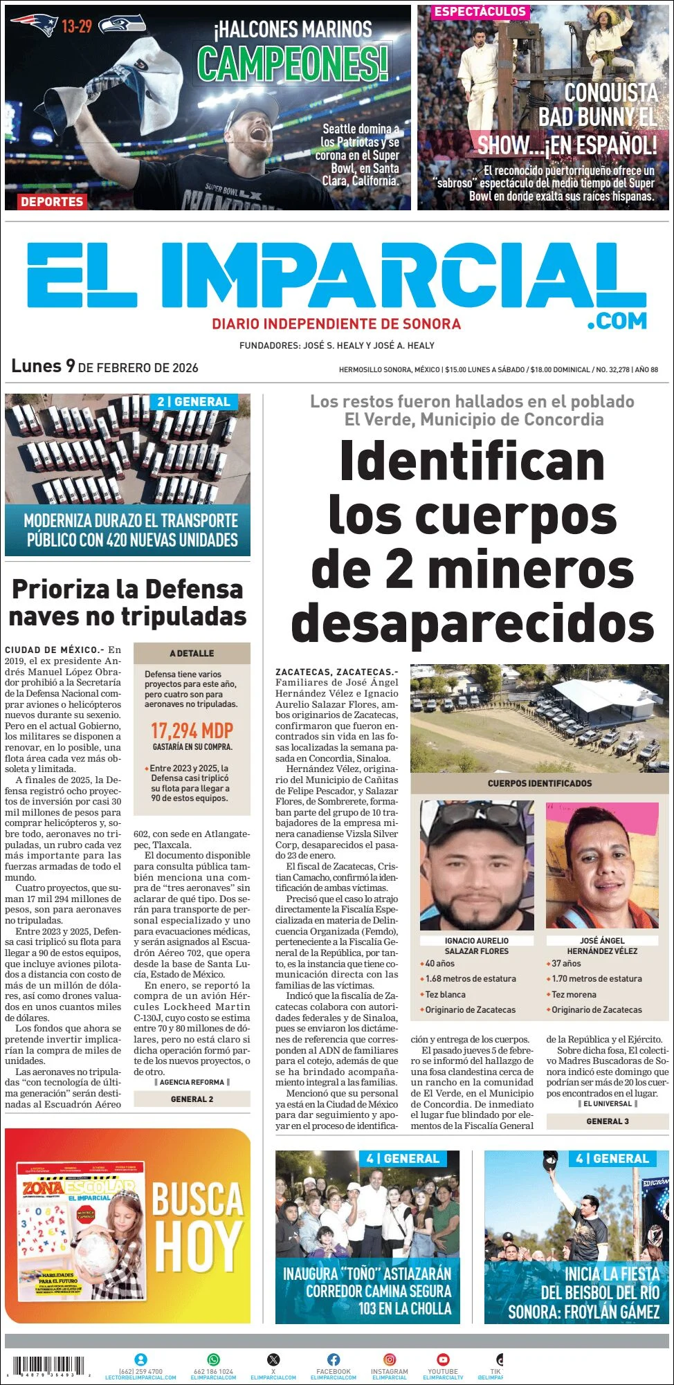 Portada de El Imparcial del lunes, 9 de febrero de 2026