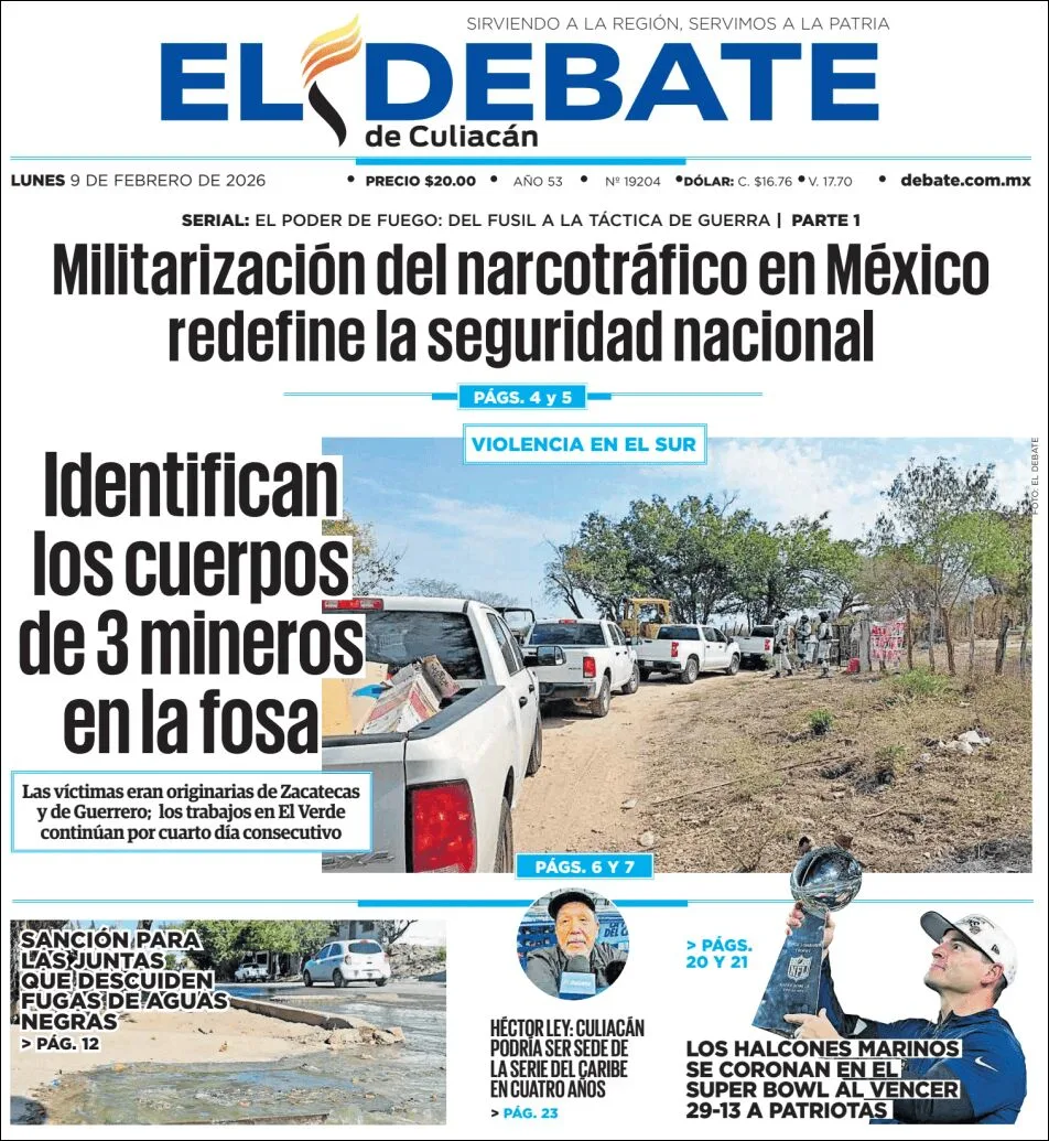 Portada de El Debate de Culiacan del lunes, 9 de febrero de 2026