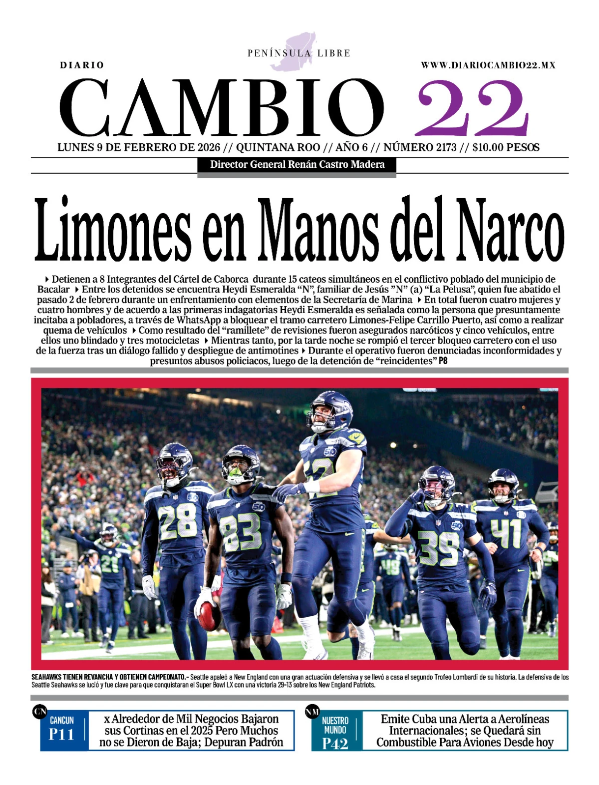 Portada de Diario Cambio 22 (contraportada) del lunes, 9 de febrero de 2026