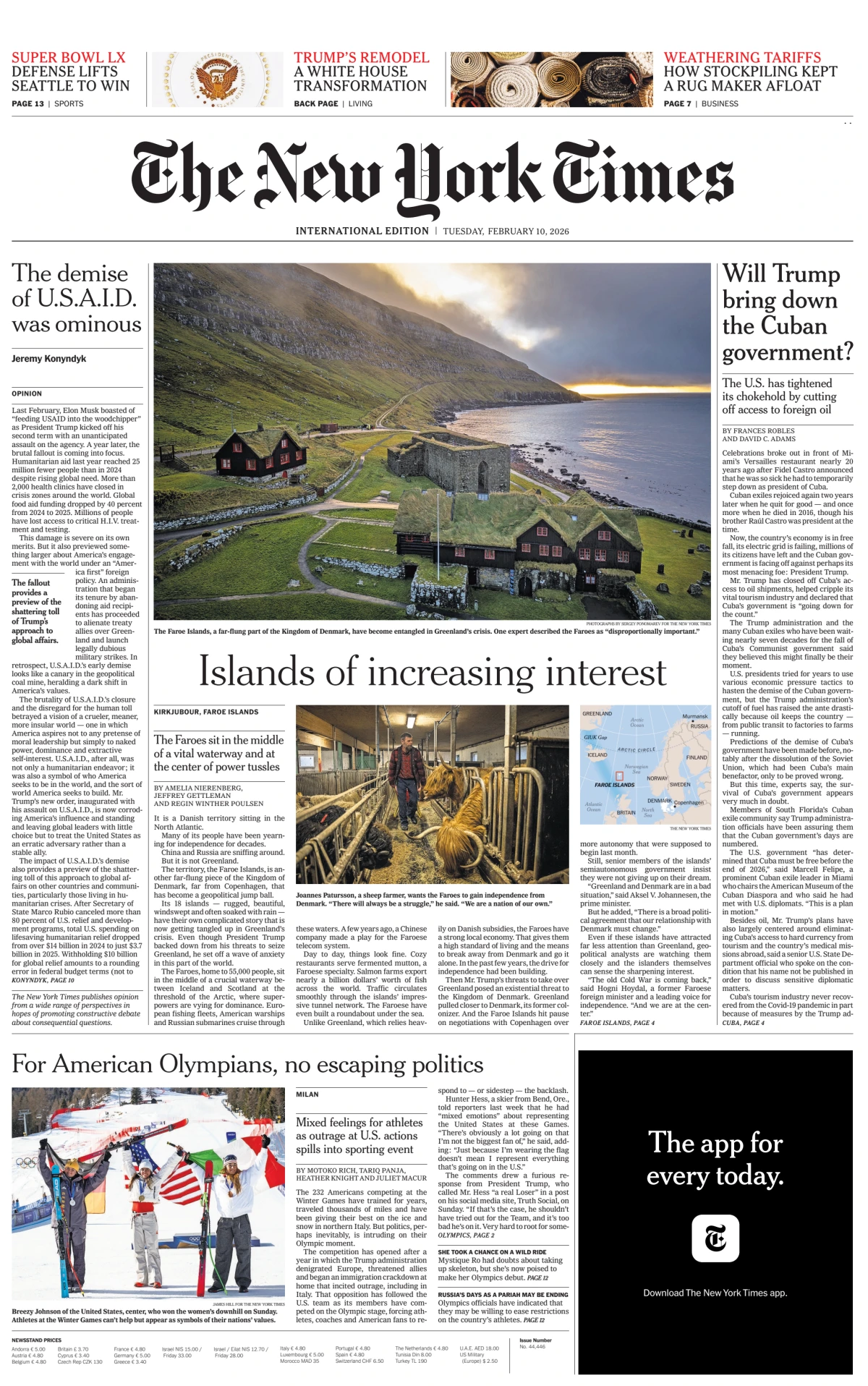 Portada de The New York Times (international) del martes, 10 de febrero de 2026