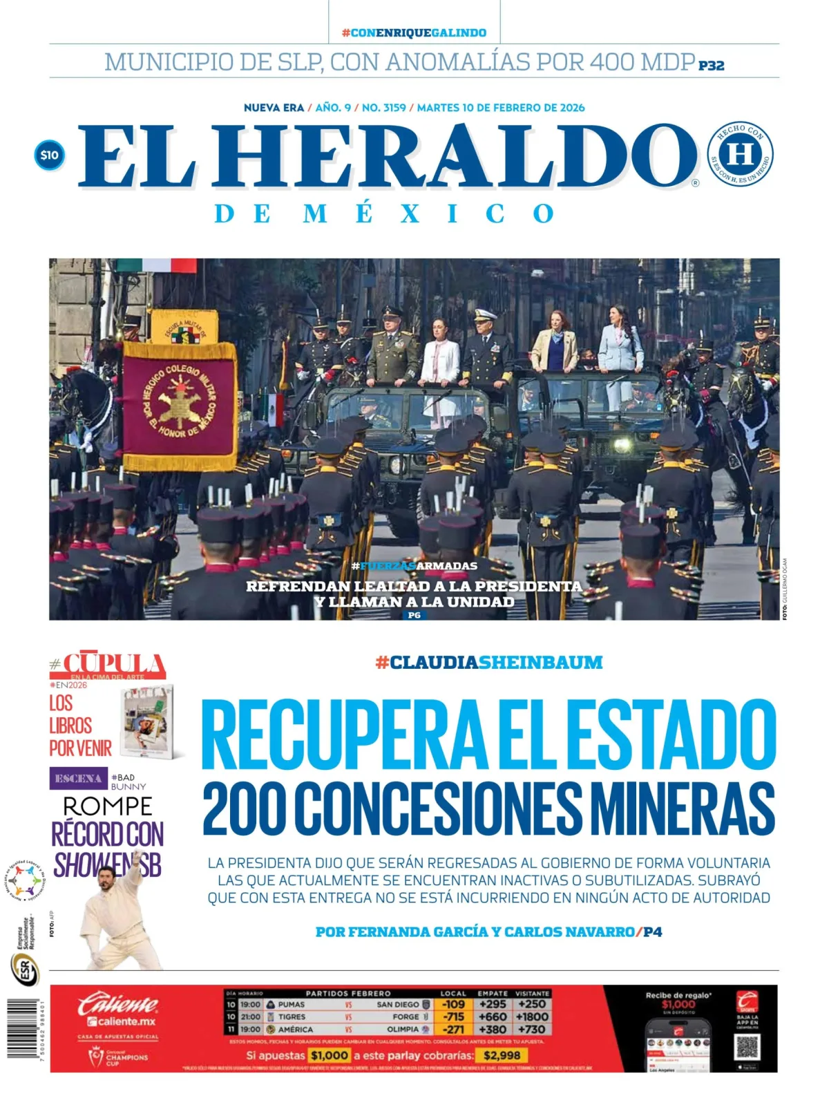 Portada de El Heraldo de Mexico del martes, 10 de febrero de 2026