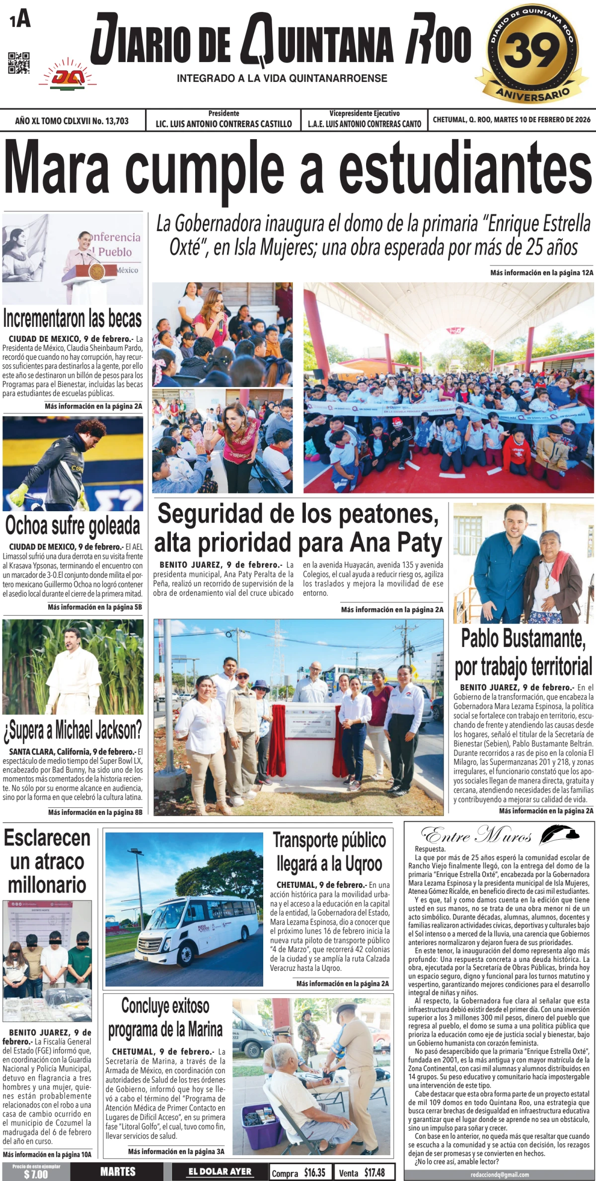 Portada de Diario de Quintana Roo (portada) del martes, 10 de febrero de 2026