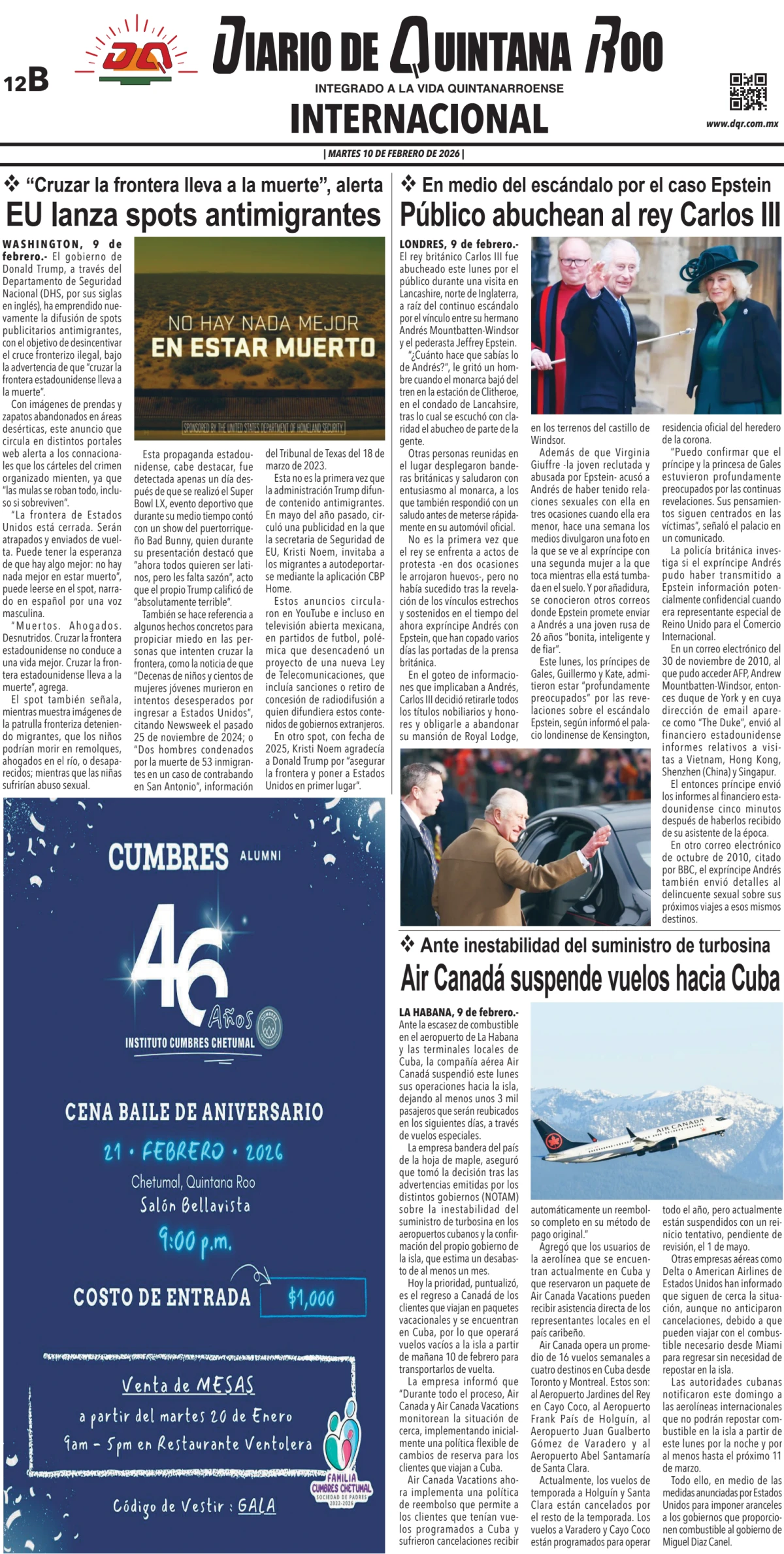 Portada de Diario de Quintana Roo (contra Portada) del martes, 10 de febrero de 2026