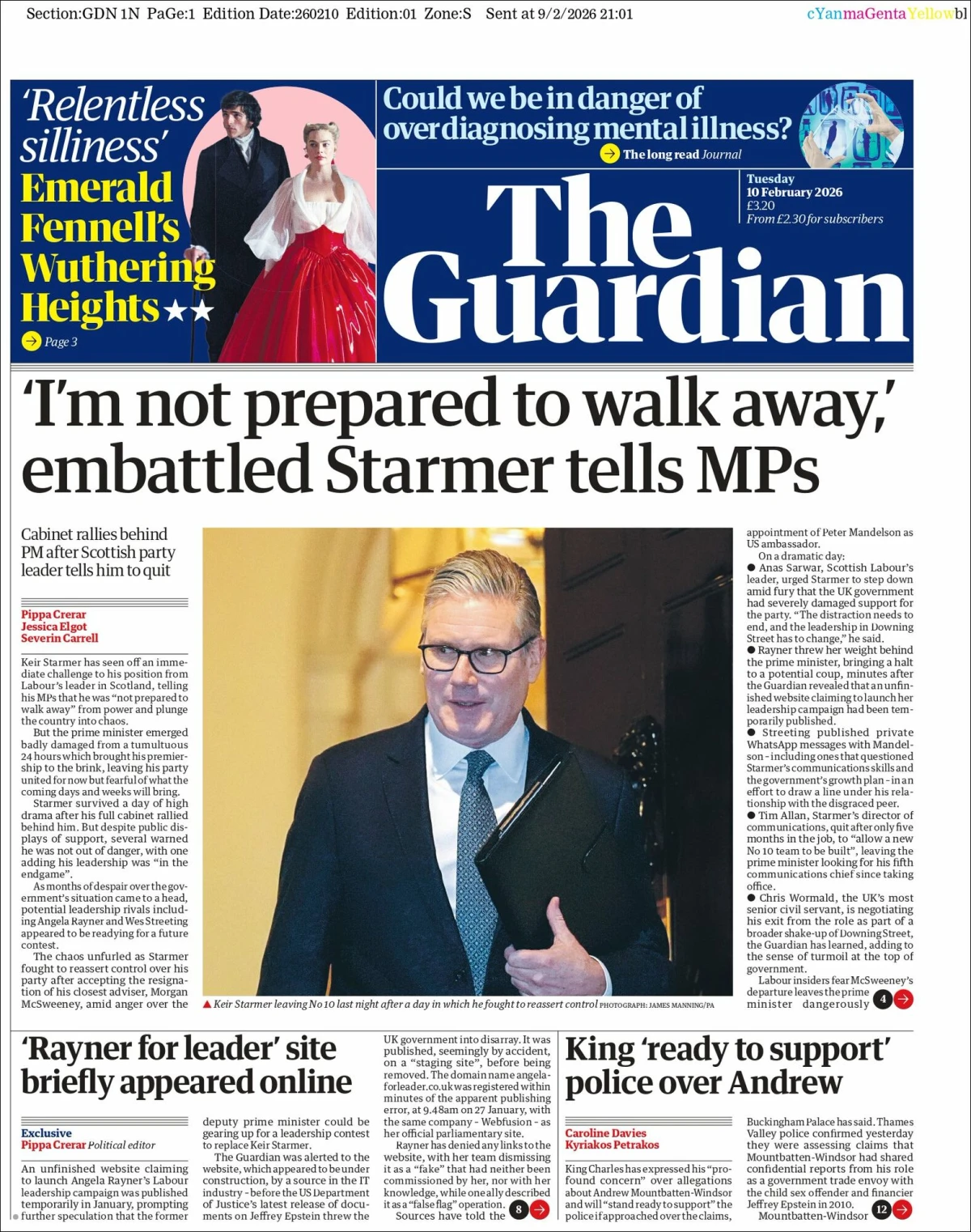 Portada de The Guardian (reino Unido) del martes, 10 de febrero de 2026
