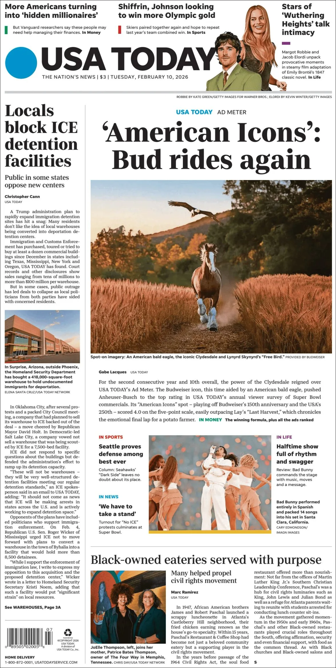 Portada de Usa Today del martes, 10 de febrero de 2026