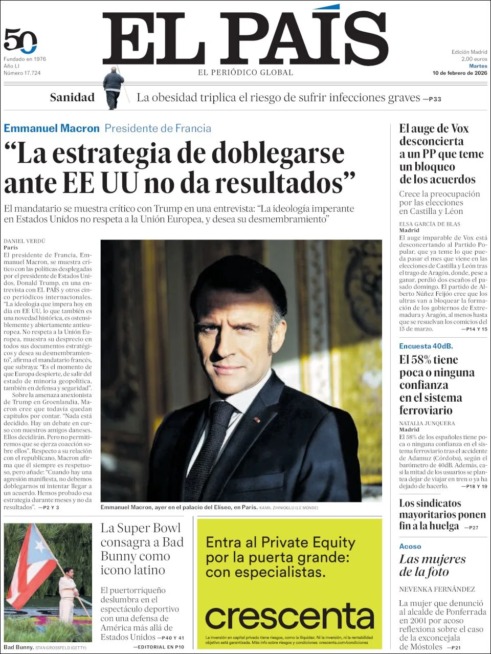 Portada de El Pais del martes, 10 de febrero de 2026