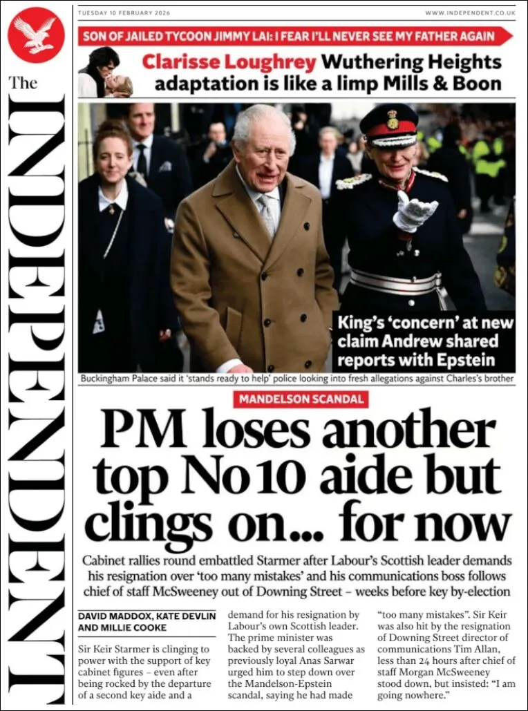 Portada de The Independent del martes, 10 de febrero de 2026