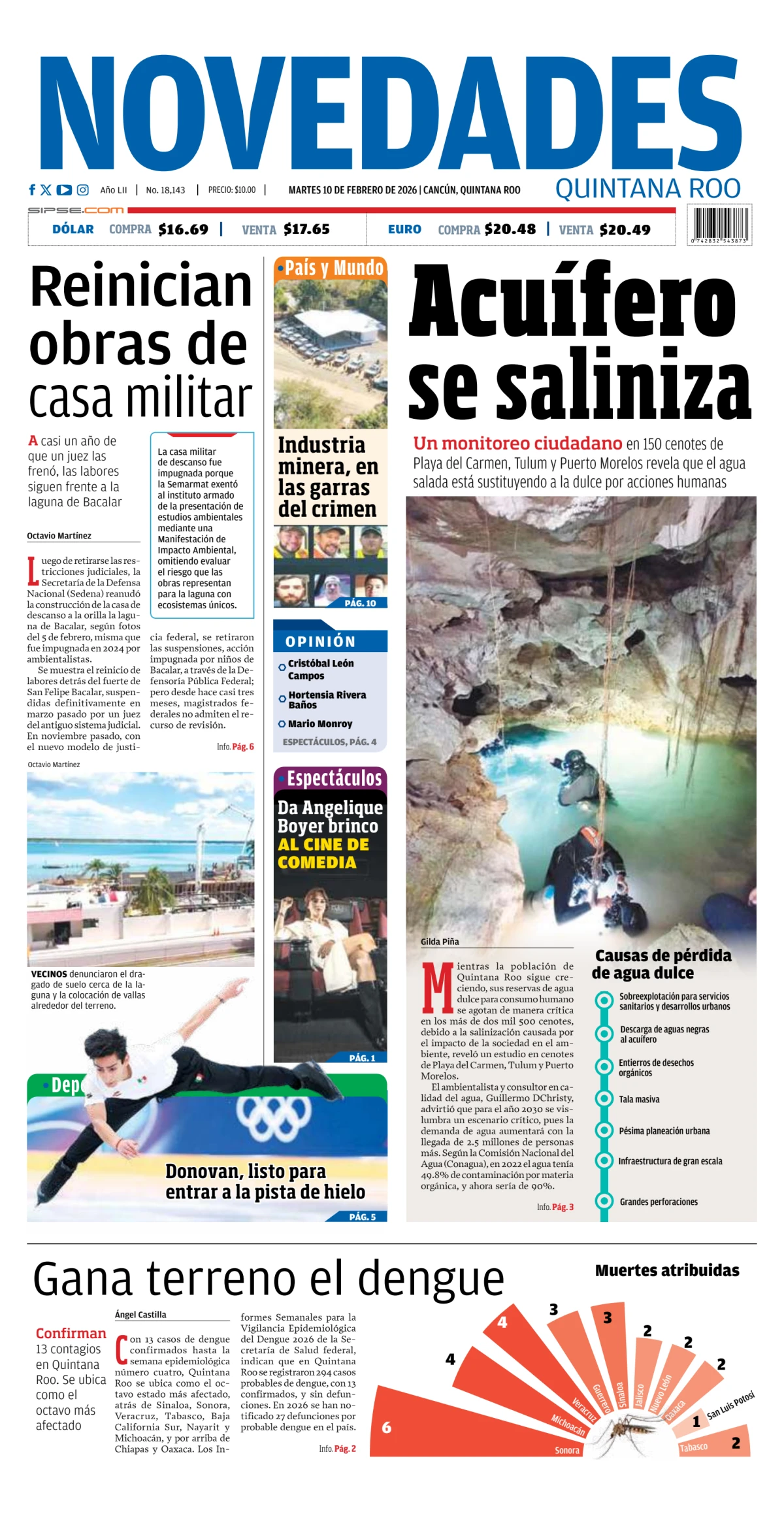 Portada de Novedades Quintana Roo del martes, 10 de febrero de 2026
