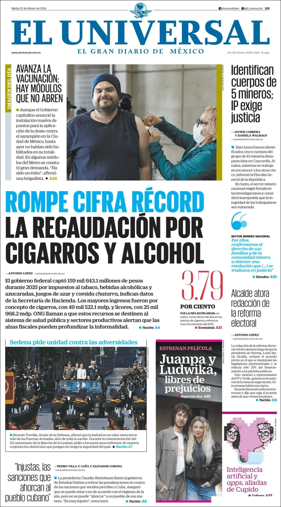 Portada de El Universal del martes, 10 de febrero de 2026
