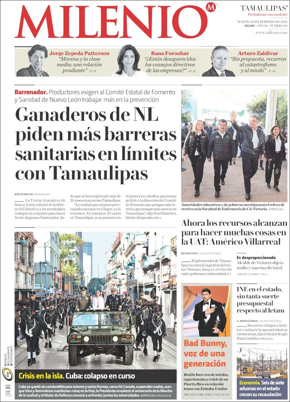 Portada de Milenio Tamaulipas del martes, 10 de febrero de 2026