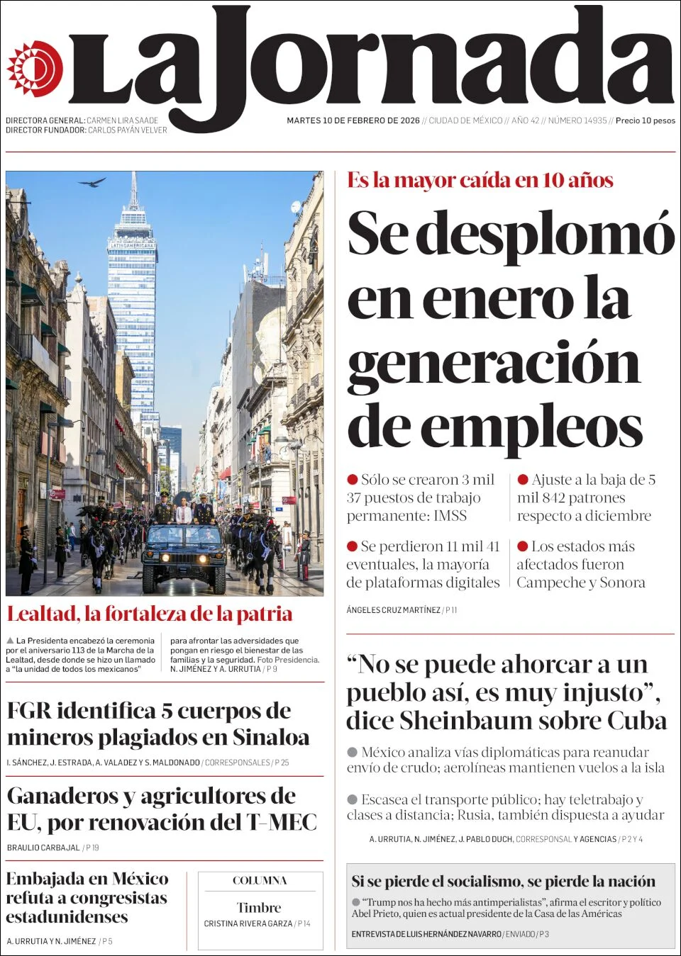 Portada de La Jornada del martes, 10 de febrero de 2026