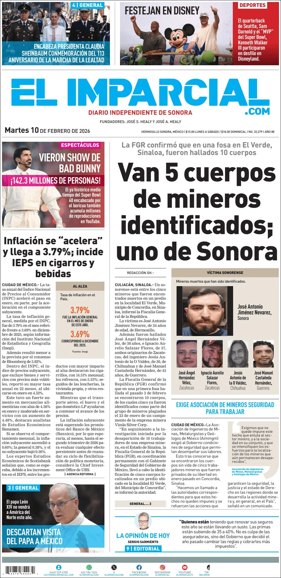 Portada de El Imparcial del martes, 10 de febrero de 2026