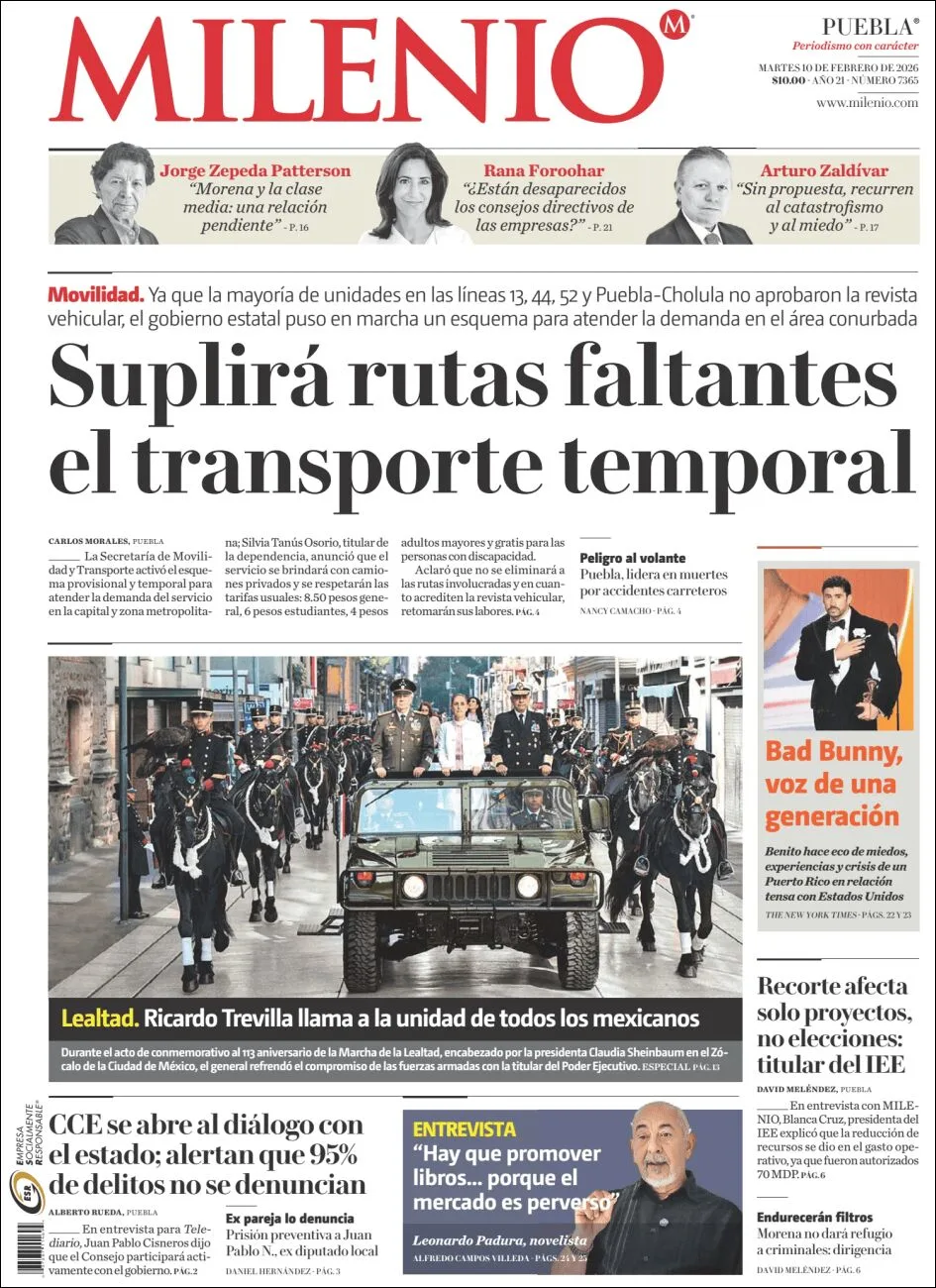 Portada de Milenio Puebla del martes, 10 de febrero de 2026