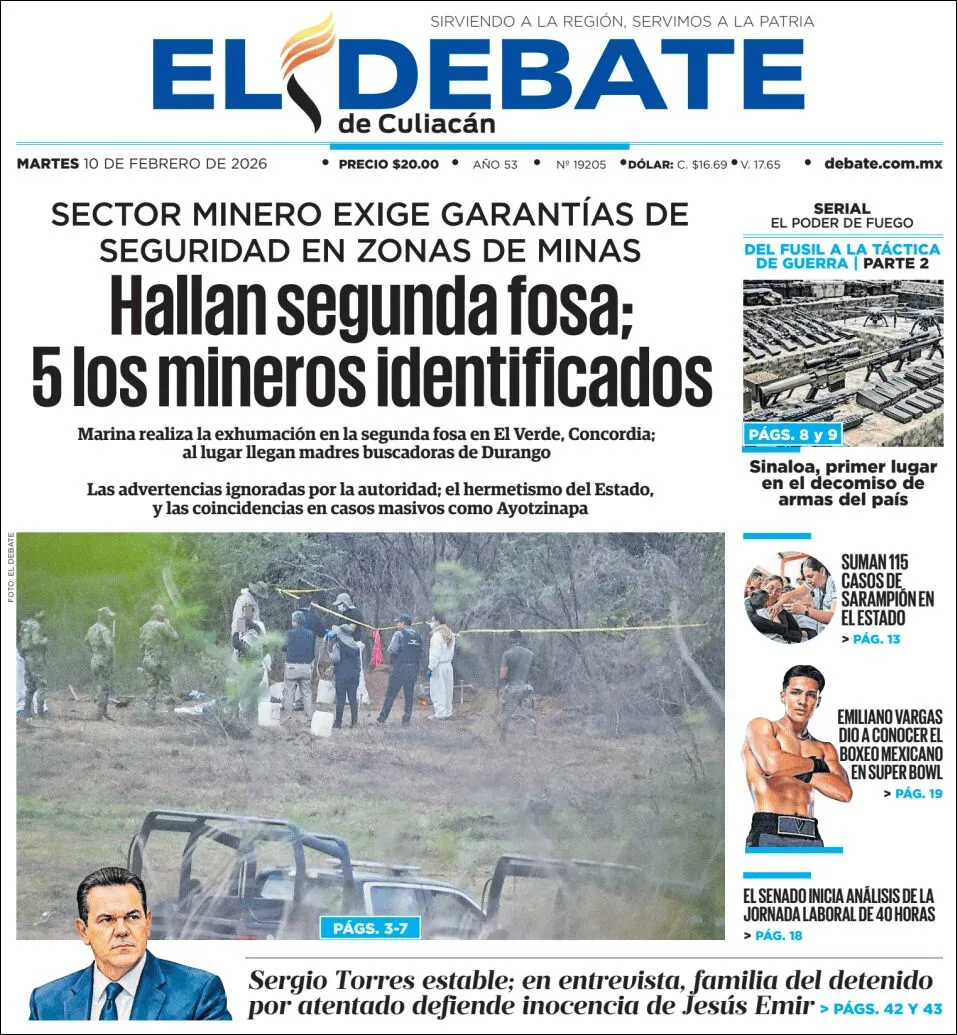 Portada de El Debate de Culiacan del martes, 10 de febrero de 2026