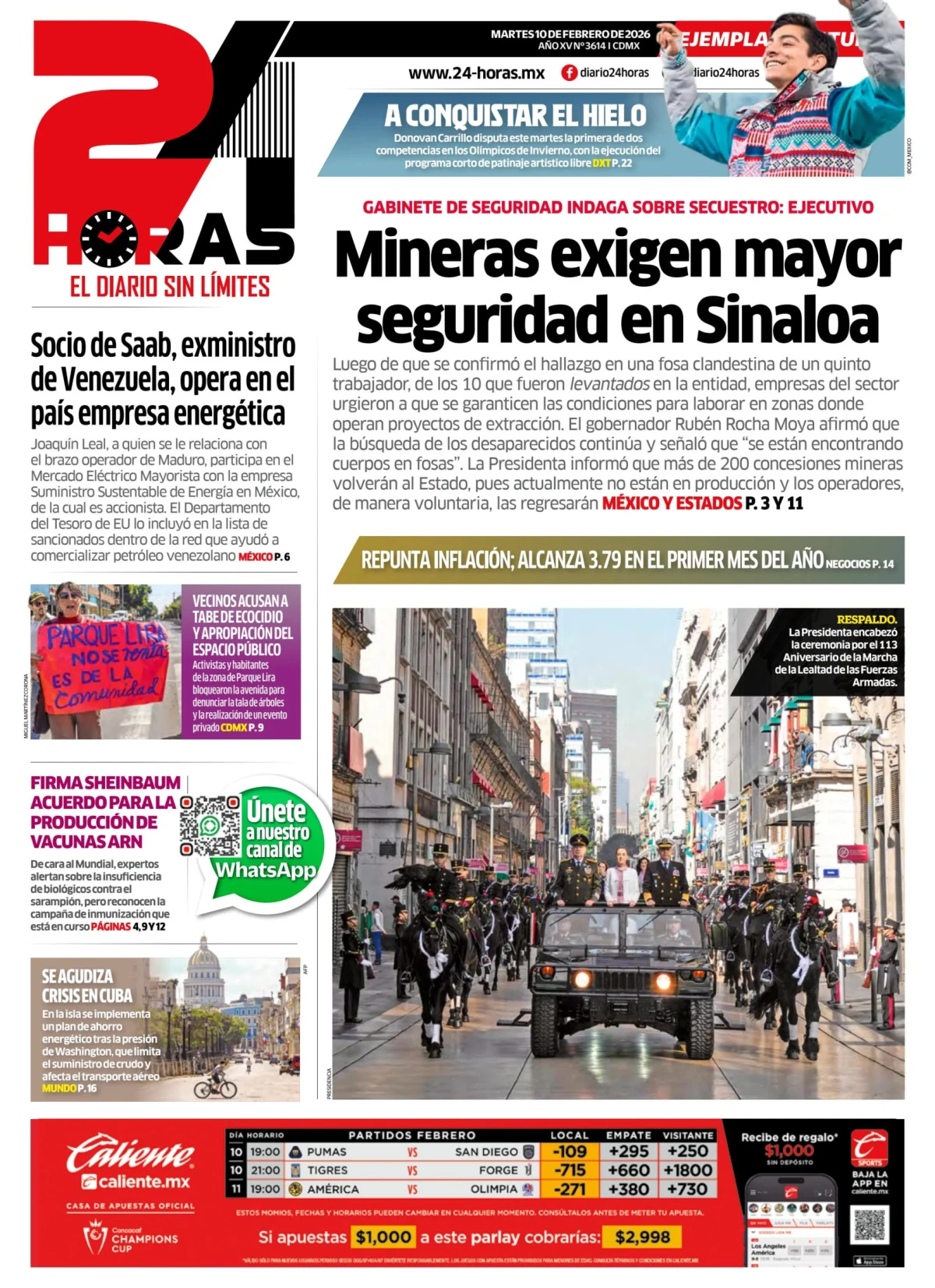 Portada de 24 Horas del martes, 10 de febrero de 2026