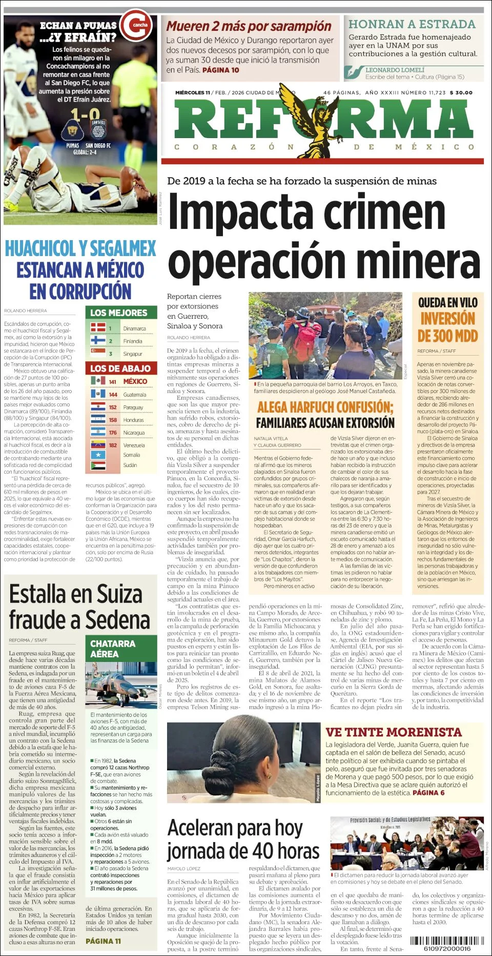 Portada de Reforma del miércoles, 11 de febrero de 2026