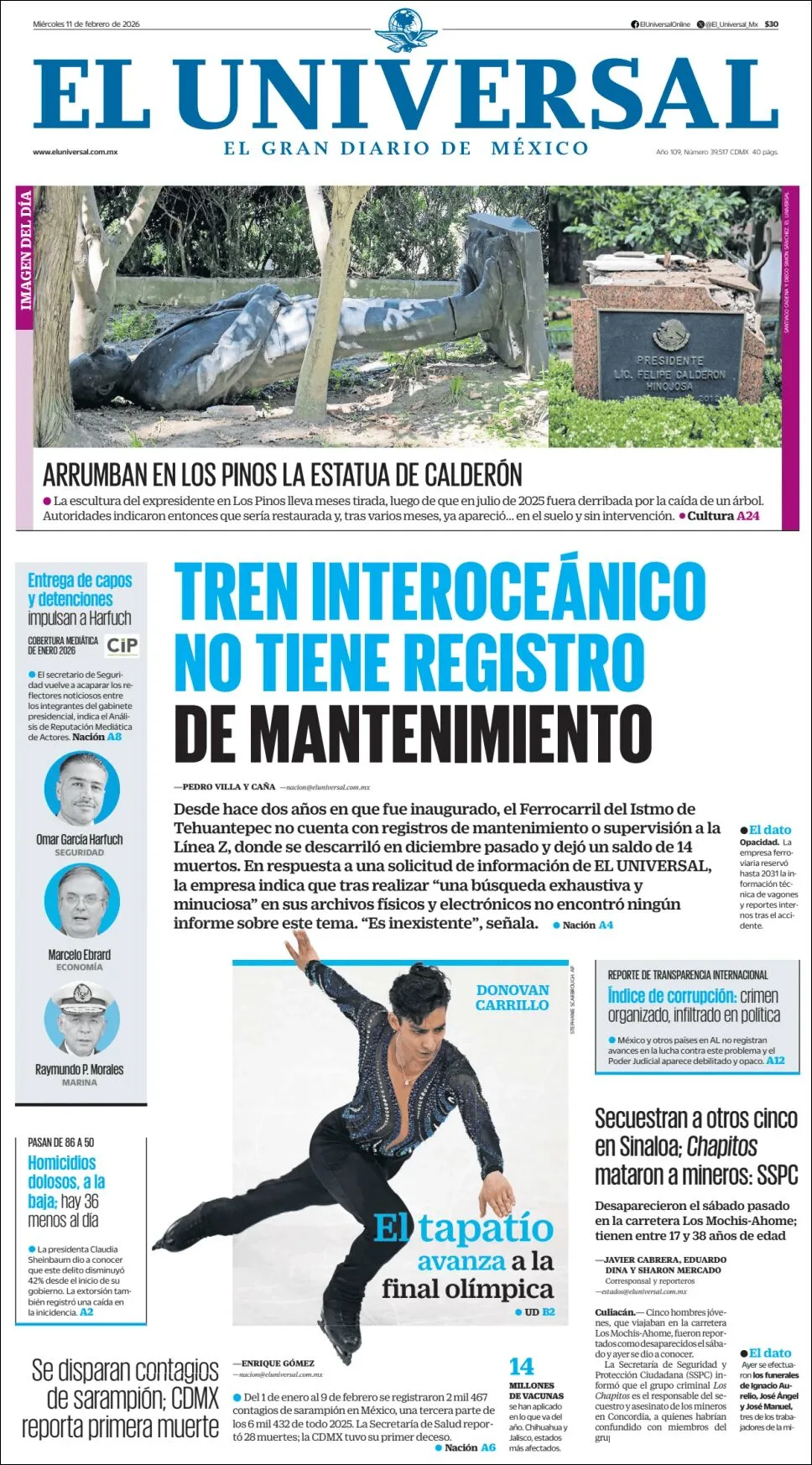 Portada de El Universal del miércoles, 11 de febrero de 2026