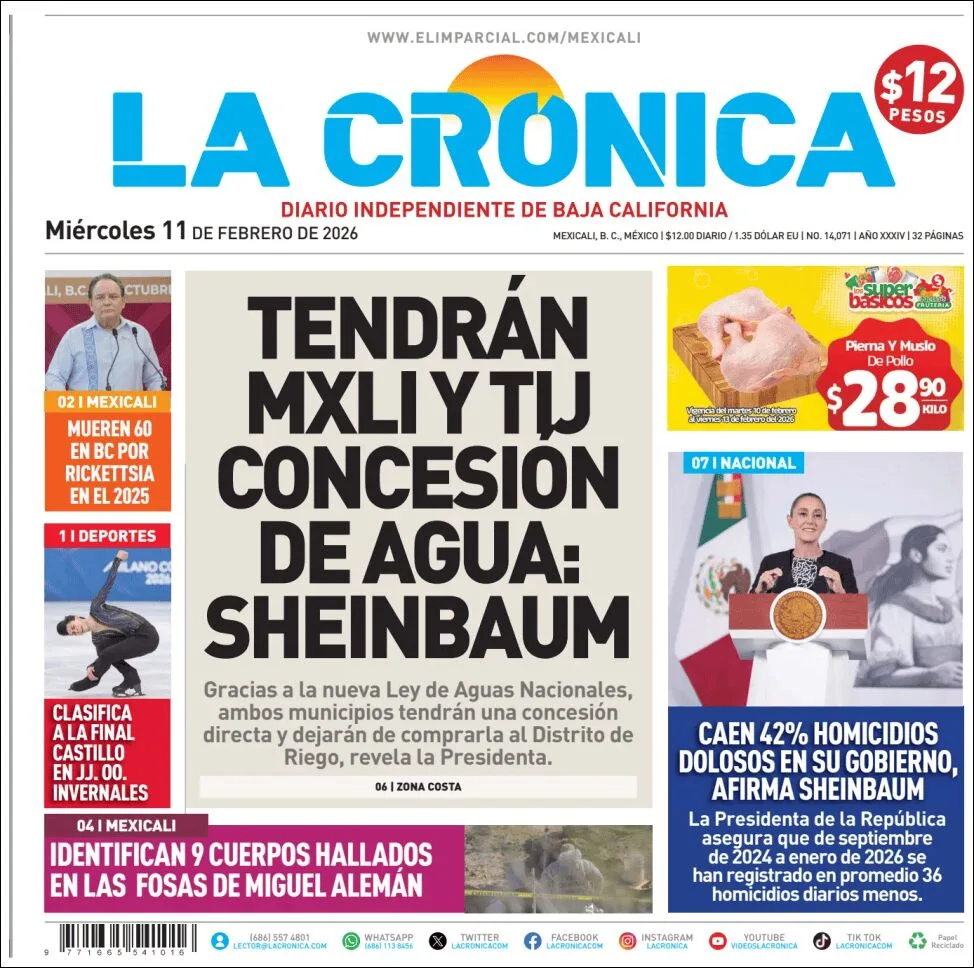 Portada de La Cronica del miércoles, 11 de febrero de 2026