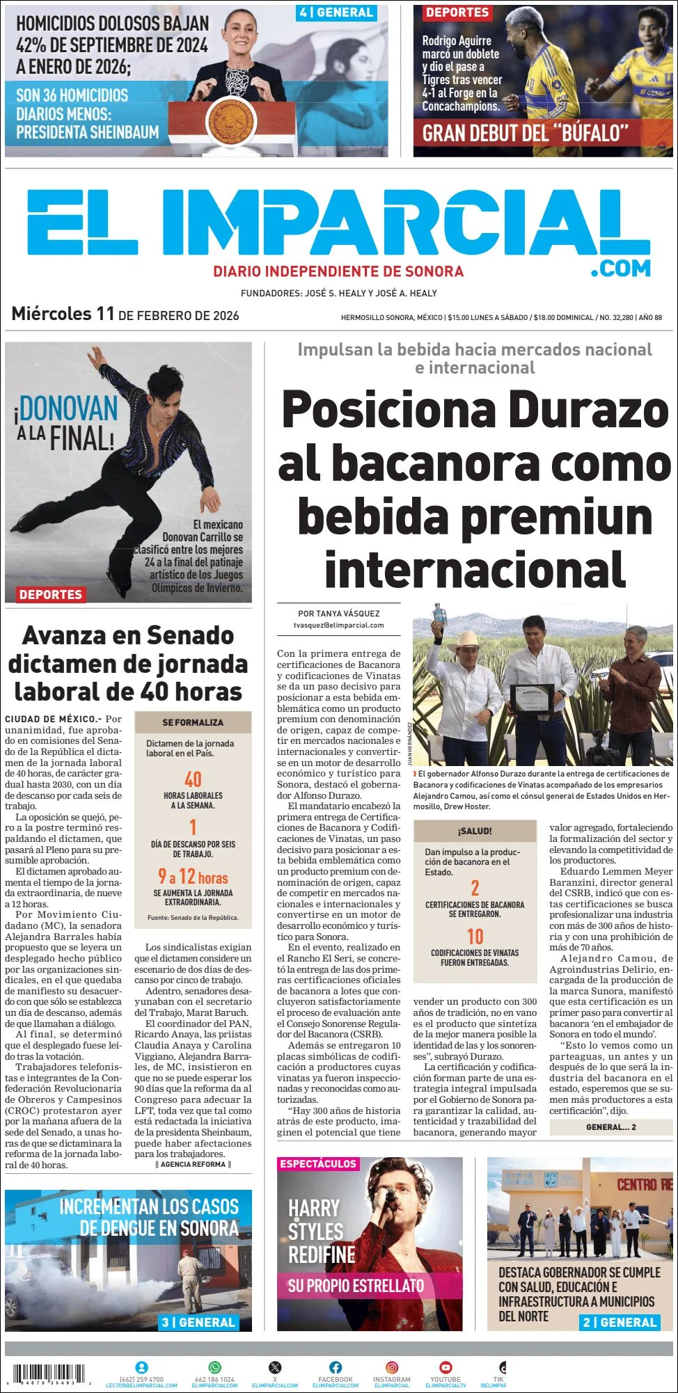 Portada de El Imparcial del miércoles, 11 de febrero de 2026