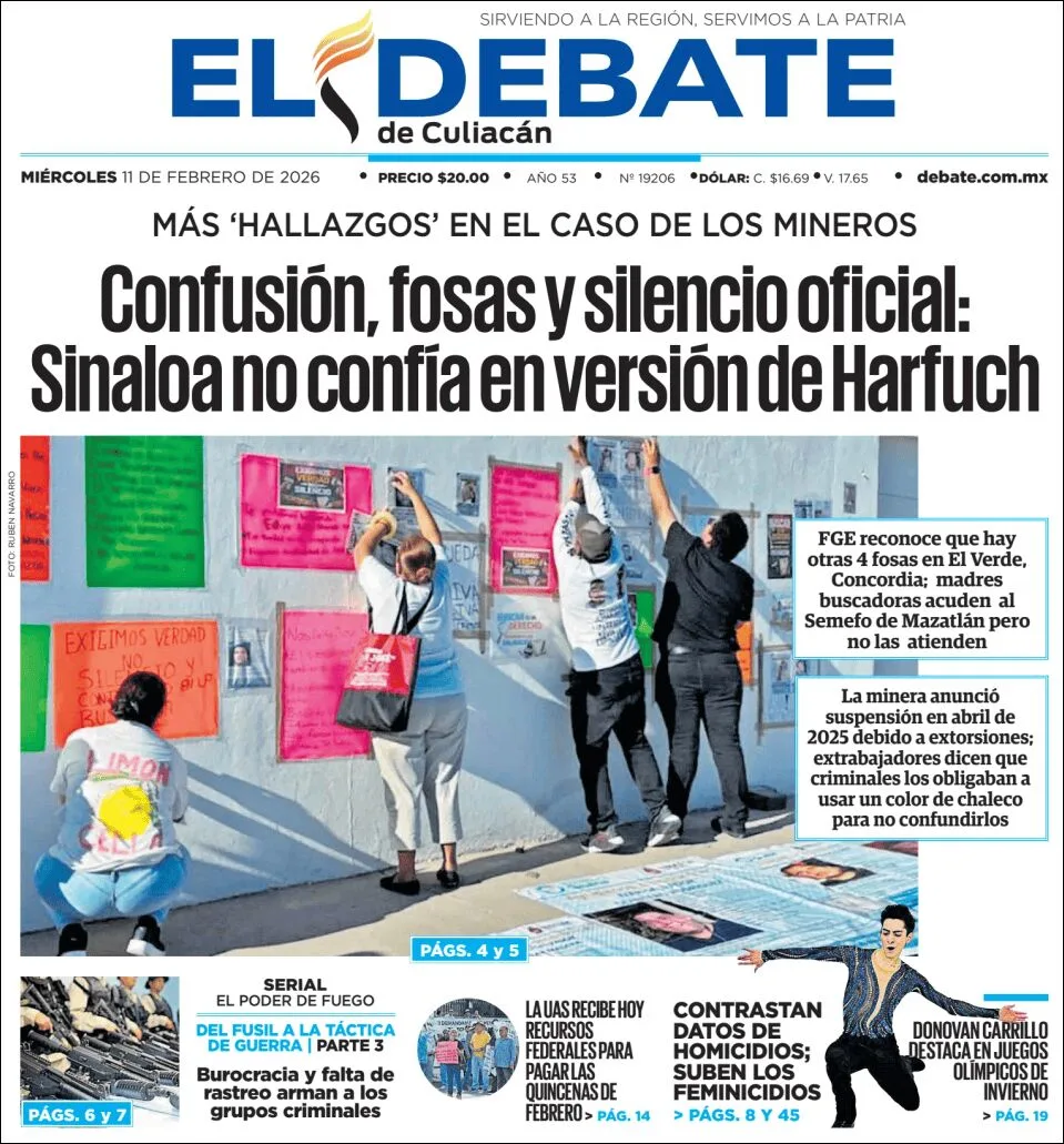 Portada de El Debate de Culiacan del miércoles, 11 de febrero de 2026