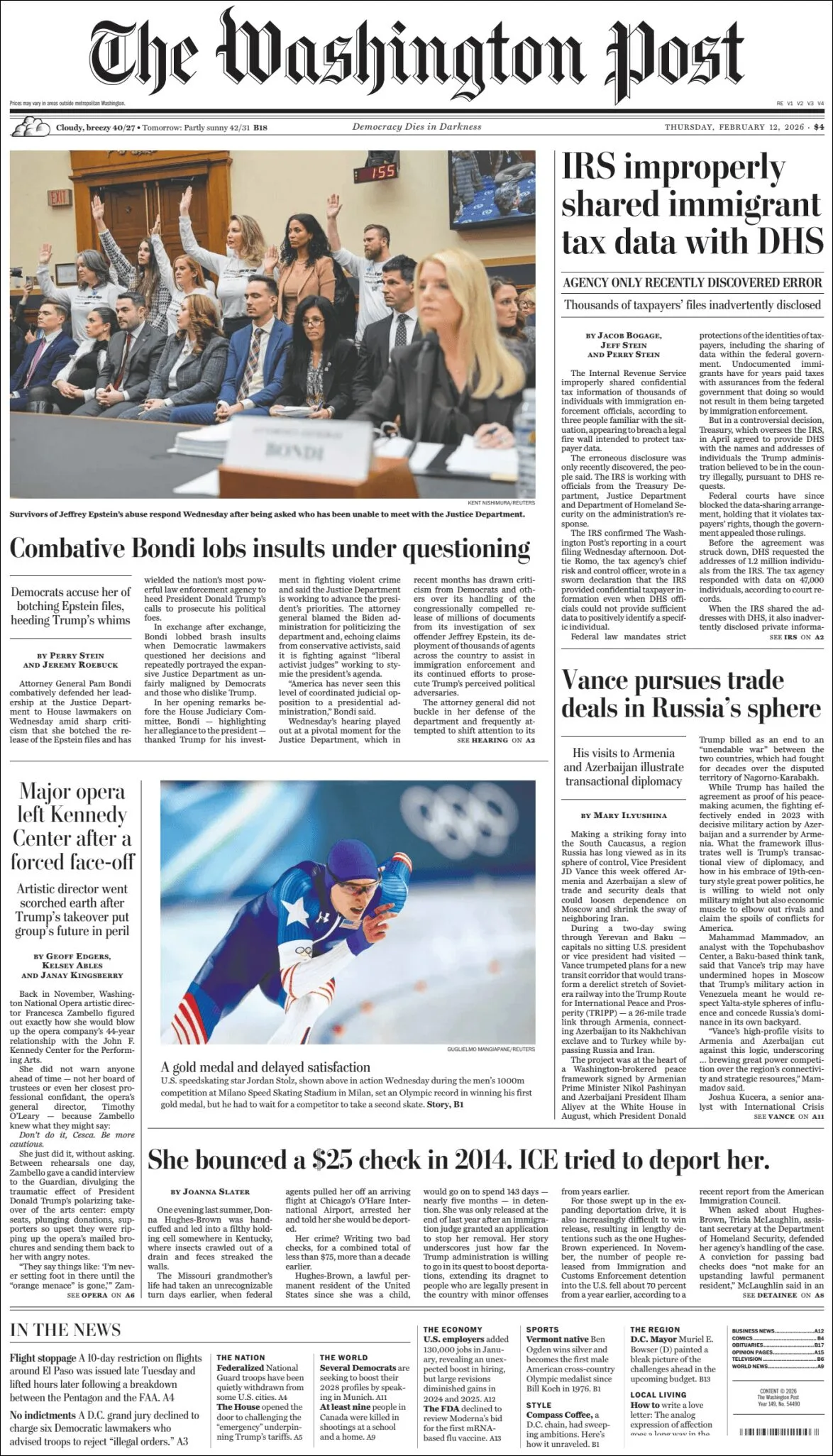 Portada de The Washington Post del jueves, 12 de febrero de 2026