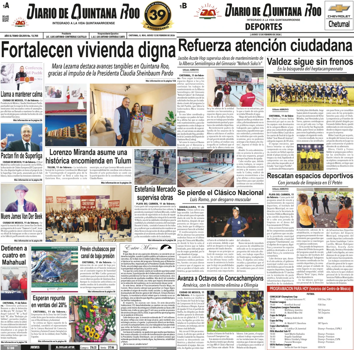 Portada de Diario de Quintana Roo (portada) del jueves, 12 de febrero de 2026