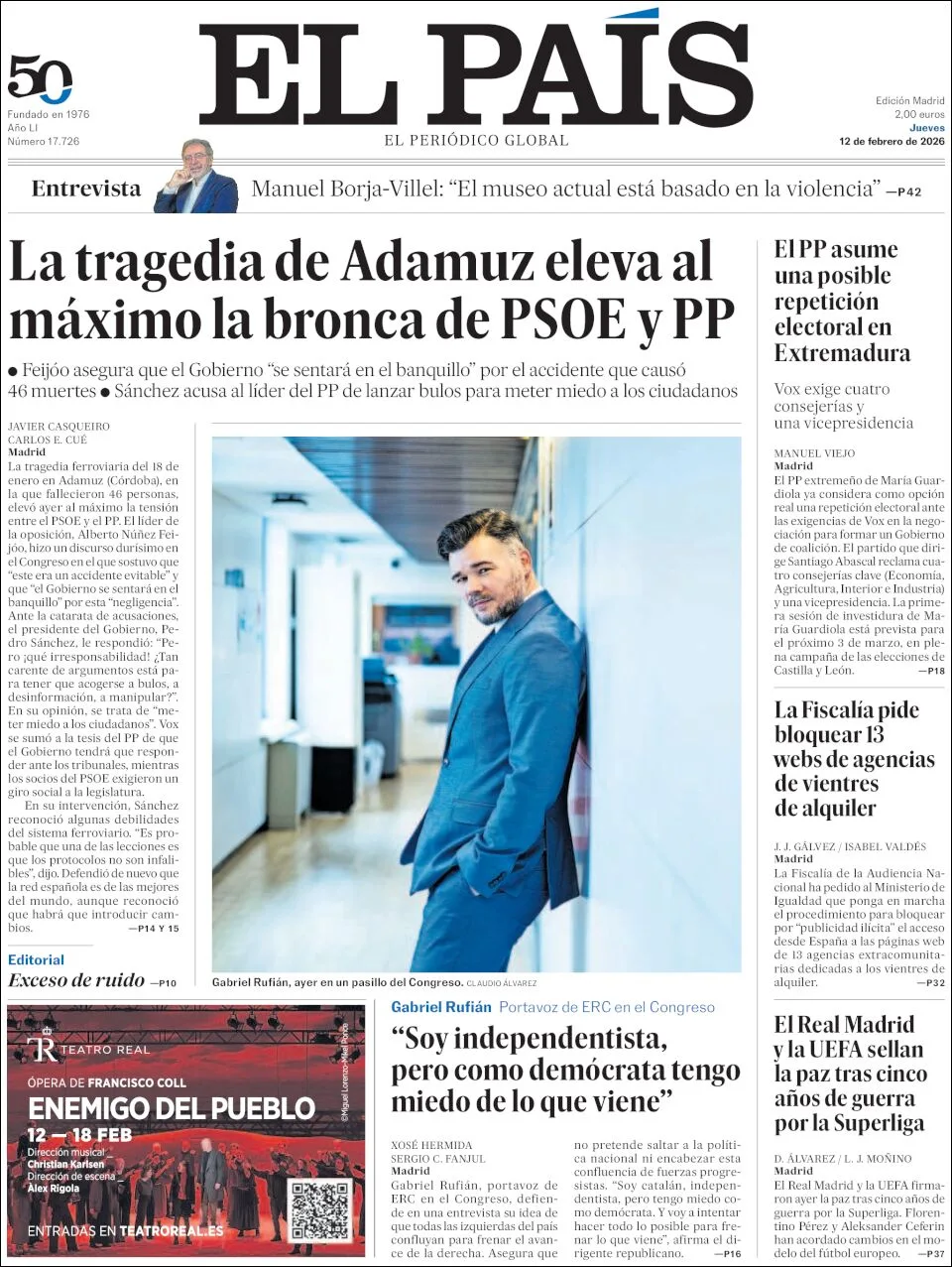 Portada de El Pais del jueves, 12 de febrero de 2026