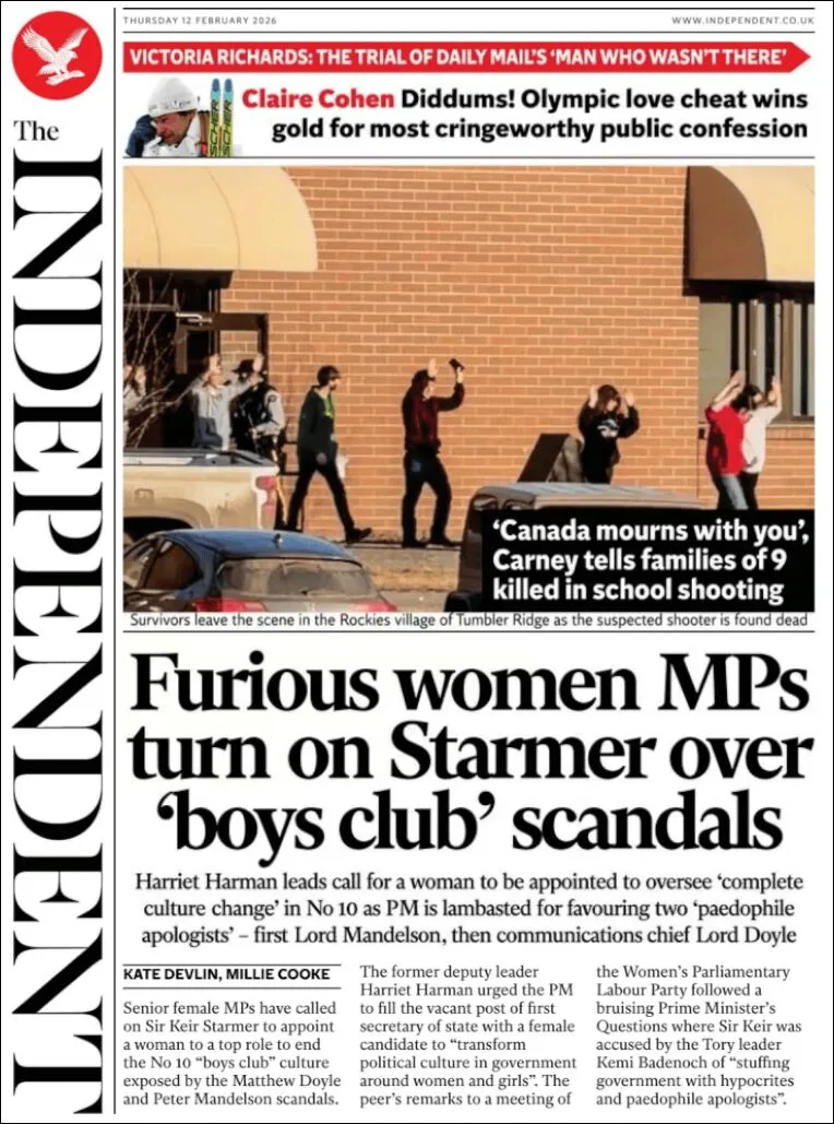 Portada de The Independent del jueves, 12 de febrero de 2026