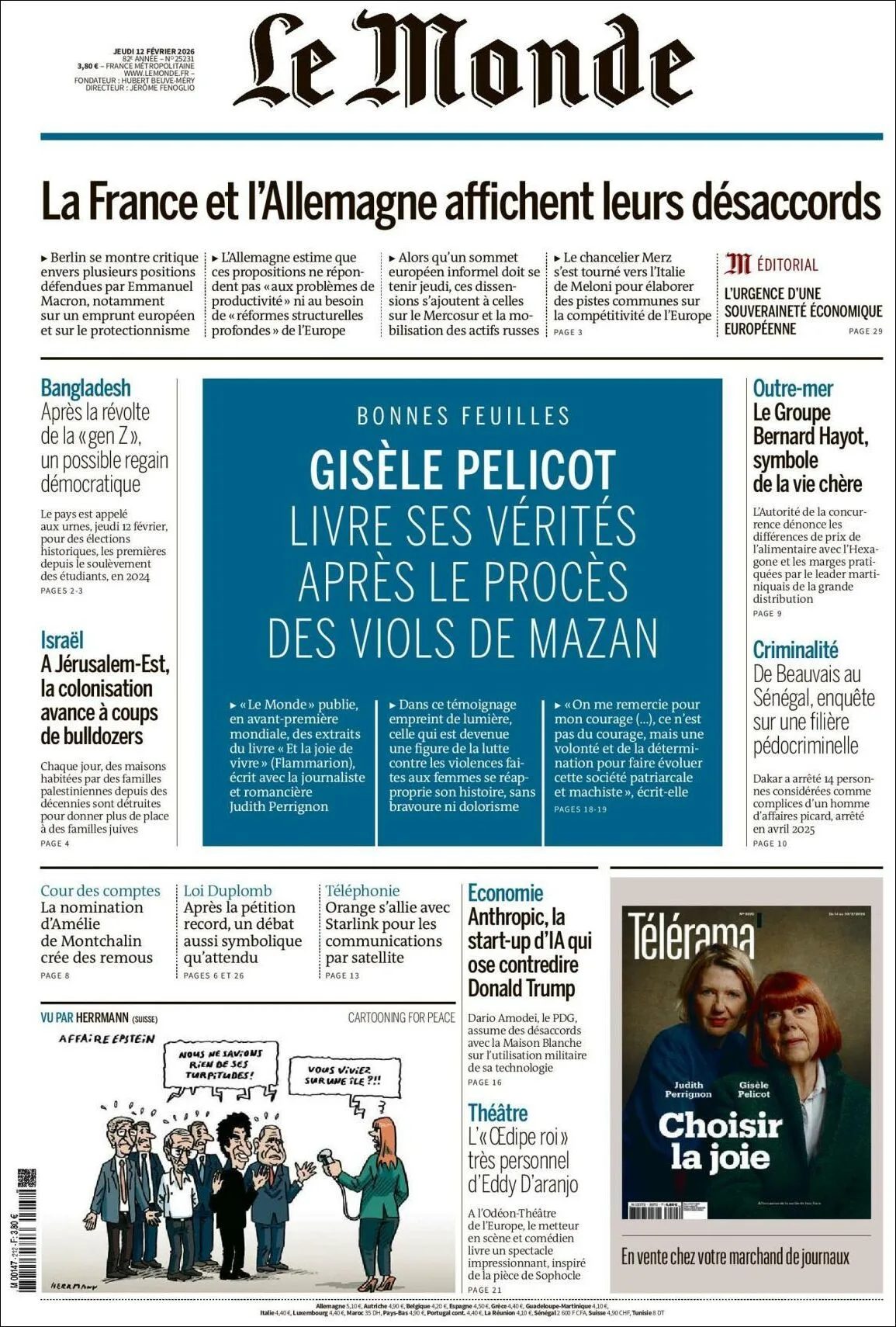 Portada de Le Monde del jueves, 12 de febrero de 2026