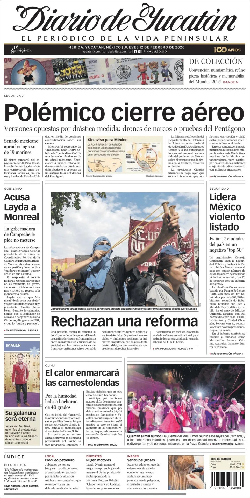 Portada de Diario de Yucatán del jueves, 12 de febrero de 2026
