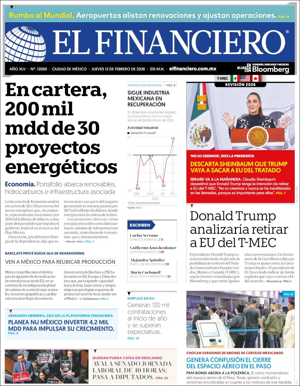 Portada de El Financiero del jueves, 12 de febrero de 2026