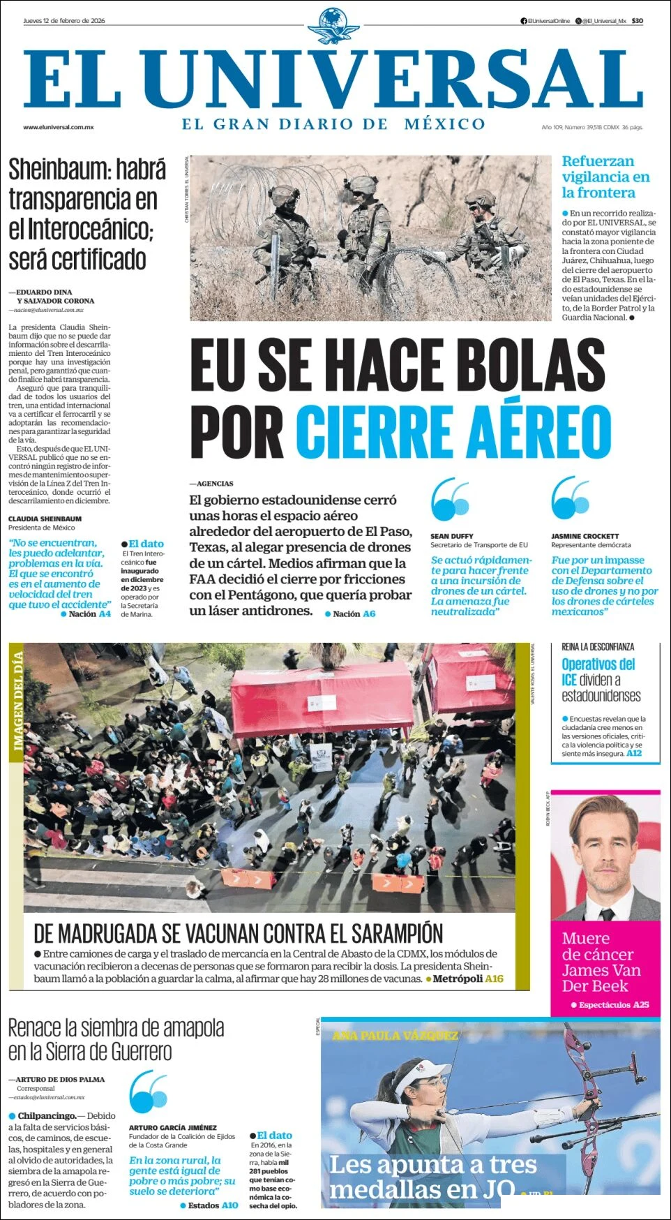 Portada de El Universal del jueves, 12 de febrero de 2026