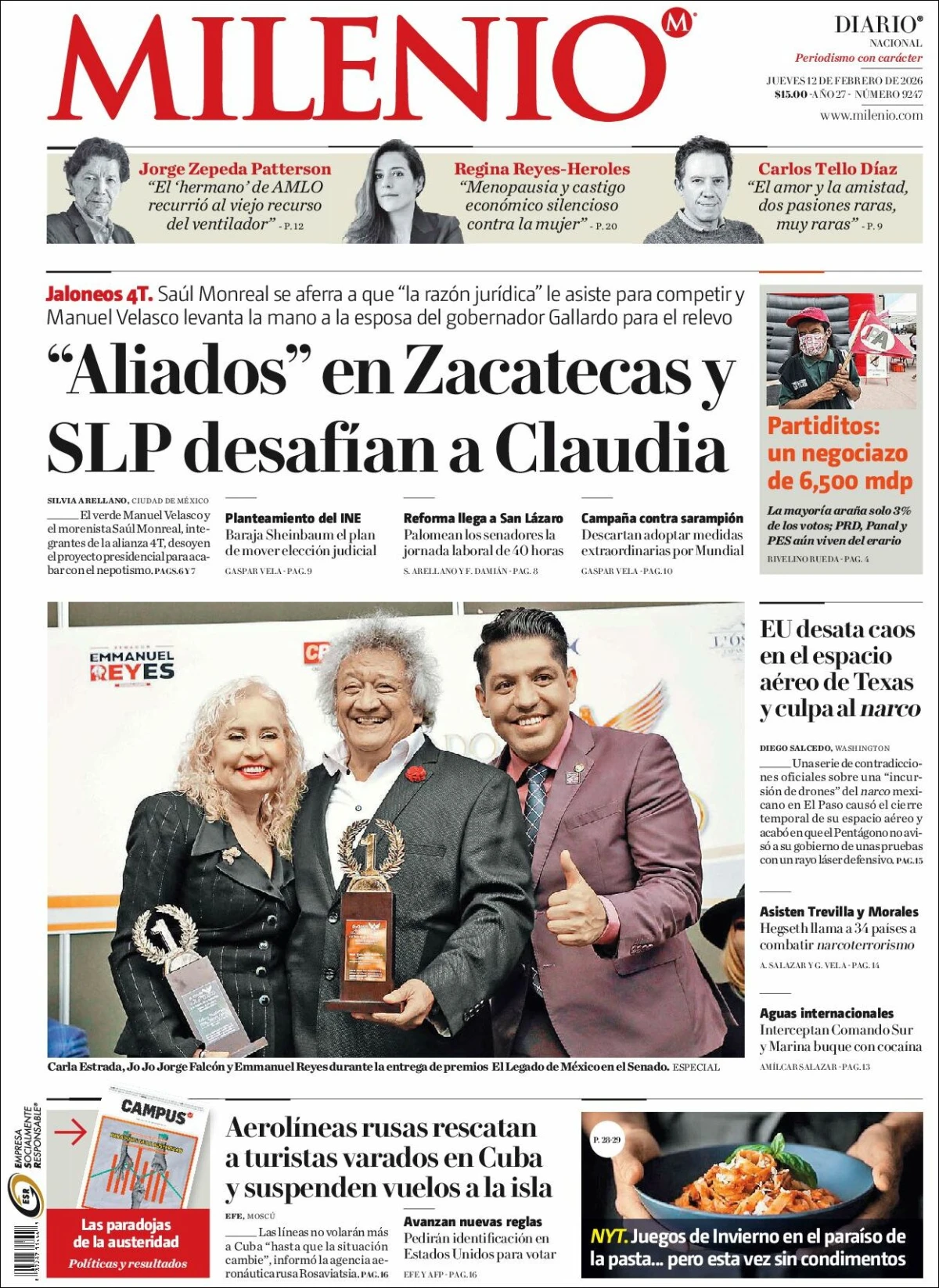 Portada de Milenio del jueves, 12 de febrero de 2026