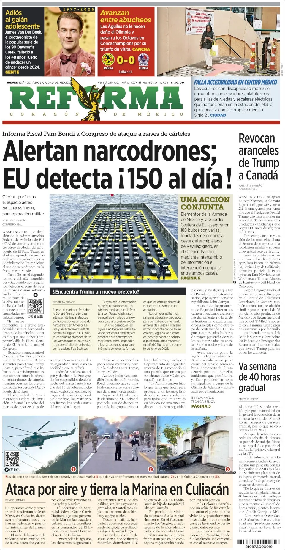 Portada de Reforma del jueves, 12 de febrero de 2026