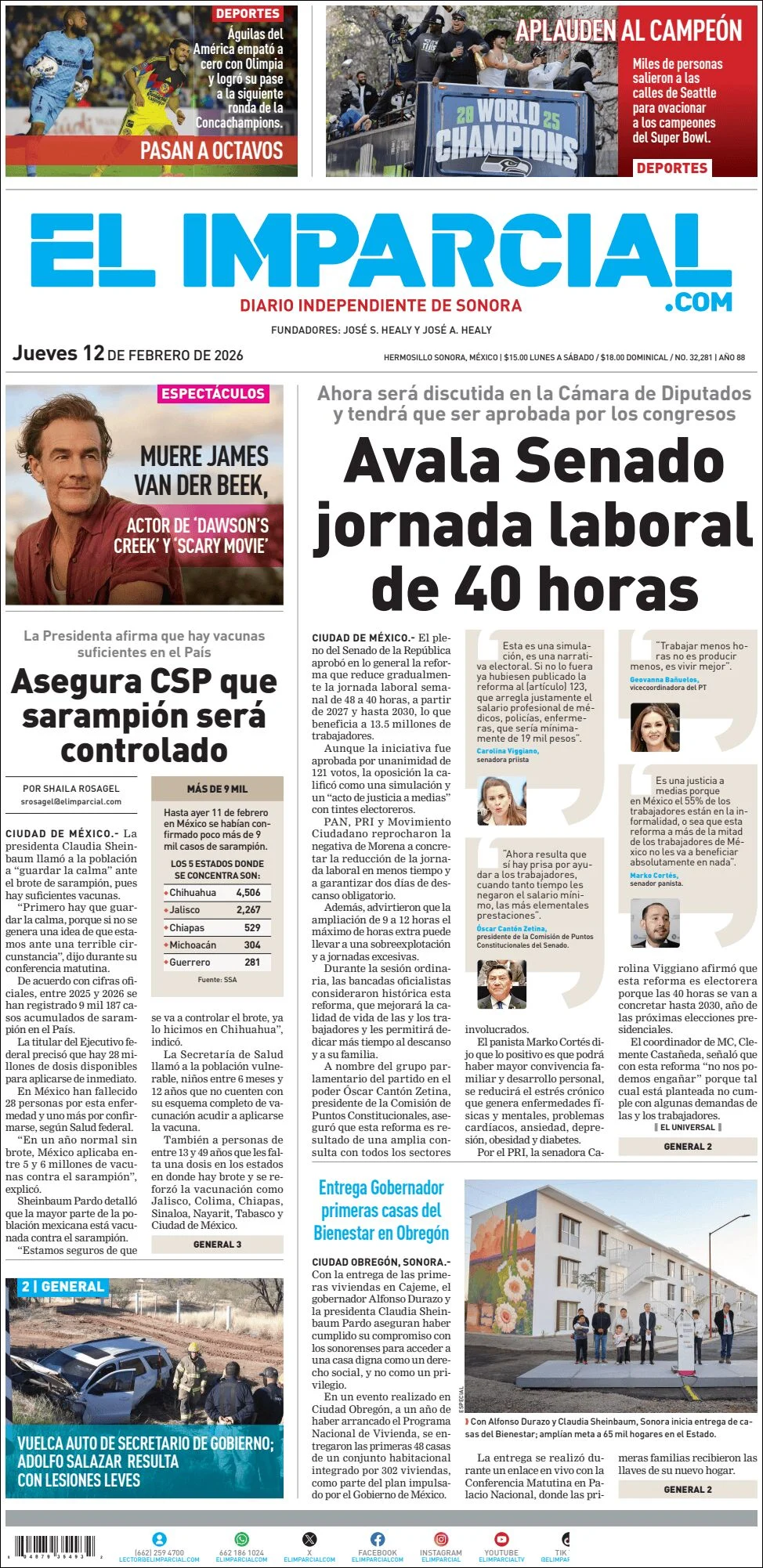 Portada de El Imparcial del jueves, 12 de febrero de 2026