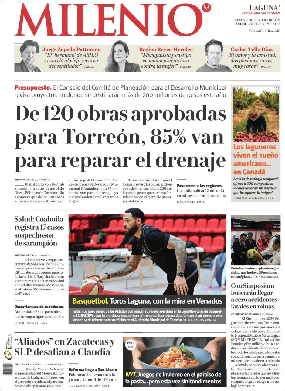 Portada de Milenio Laguna del jueves, 12 de febrero de 2026
