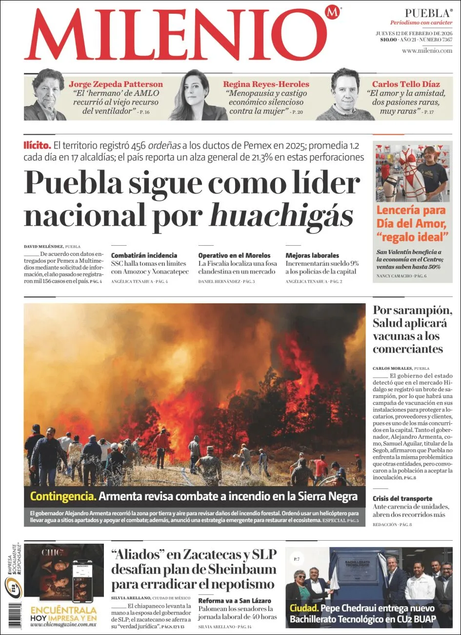 Portada de Milenio Puebla del jueves, 12 de febrero de 2026
