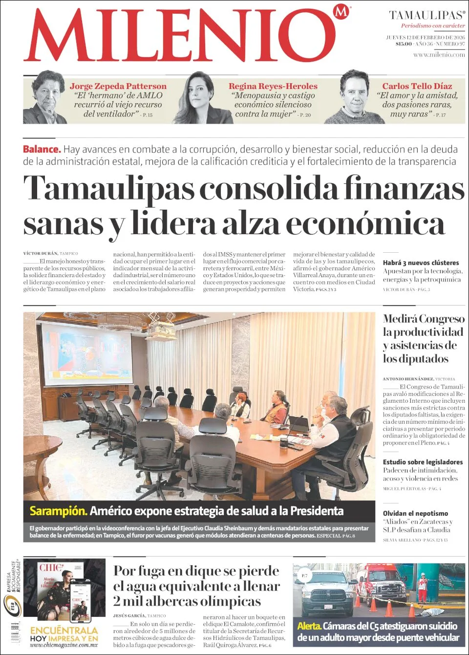 Portada de Milenio Tamaulipas del jueves, 12 de febrero de 2026