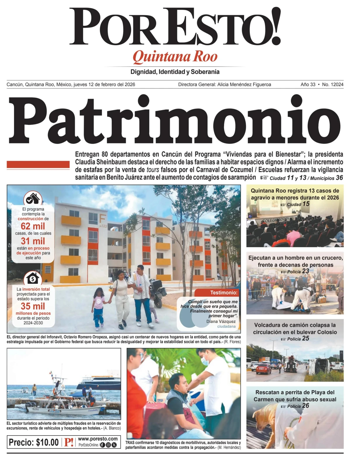 Portada de Por Esto (quintana Roo Cancun) del jueves, 12 de febrero de 2026