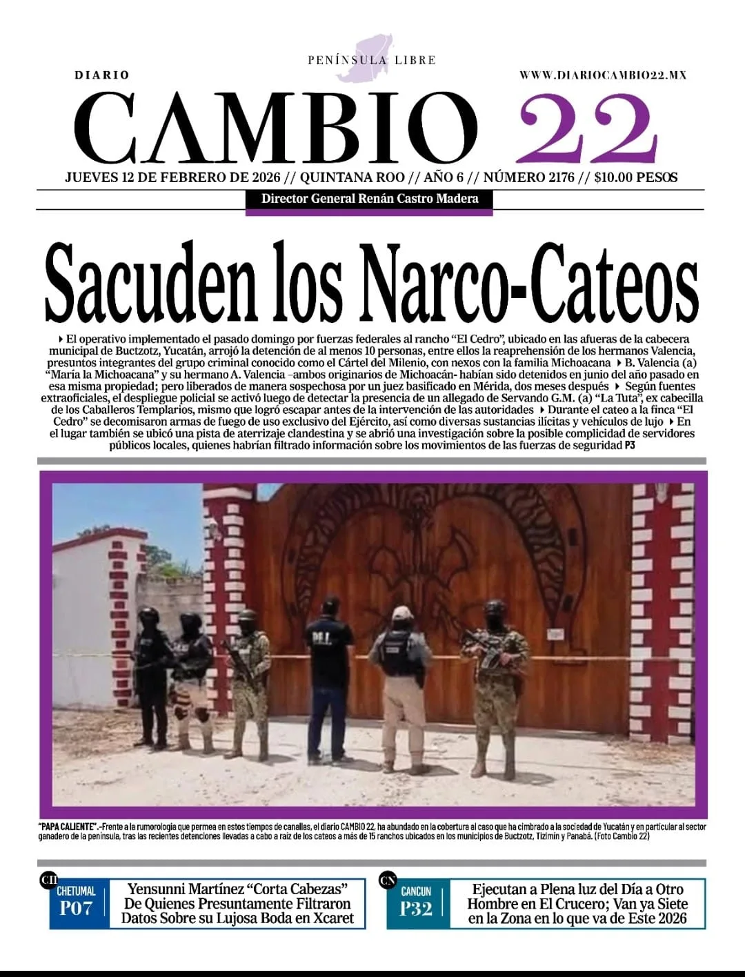 Portada de Diario Cambio 22 (portada) del jueves, 12 de febrero de 2026