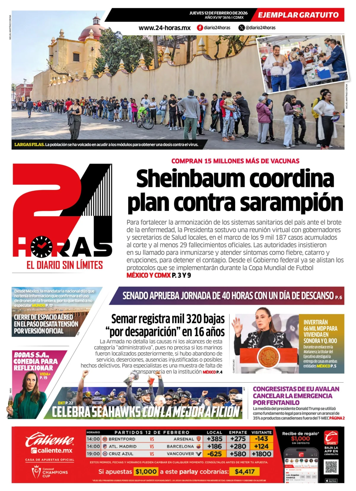 Portada de 24 Horas del jueves, 12 de febrero de 2026