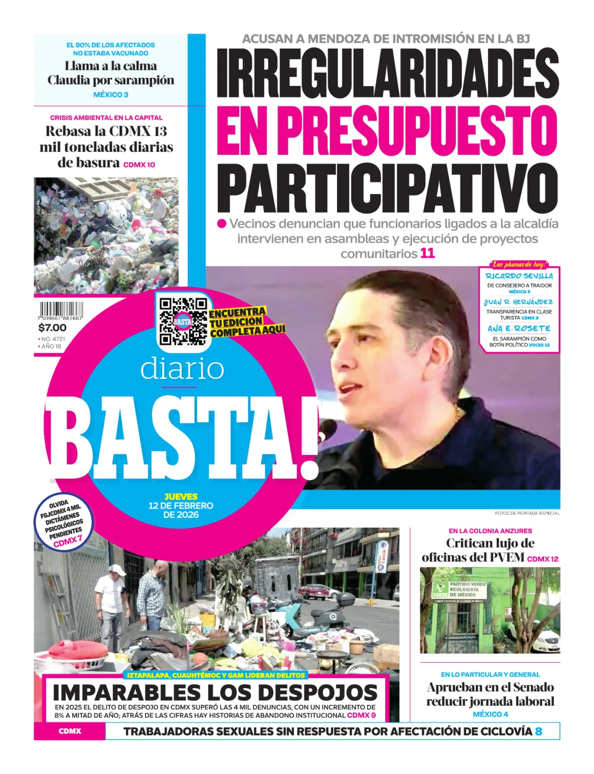 Portada de Basta! (portada) del jueves, 12 de febrero de 2026