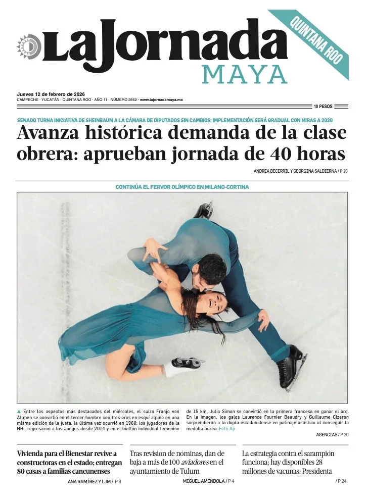 Portada de La Jornada Maya Quintana Roo del jueves, 12 de febrero de 2026