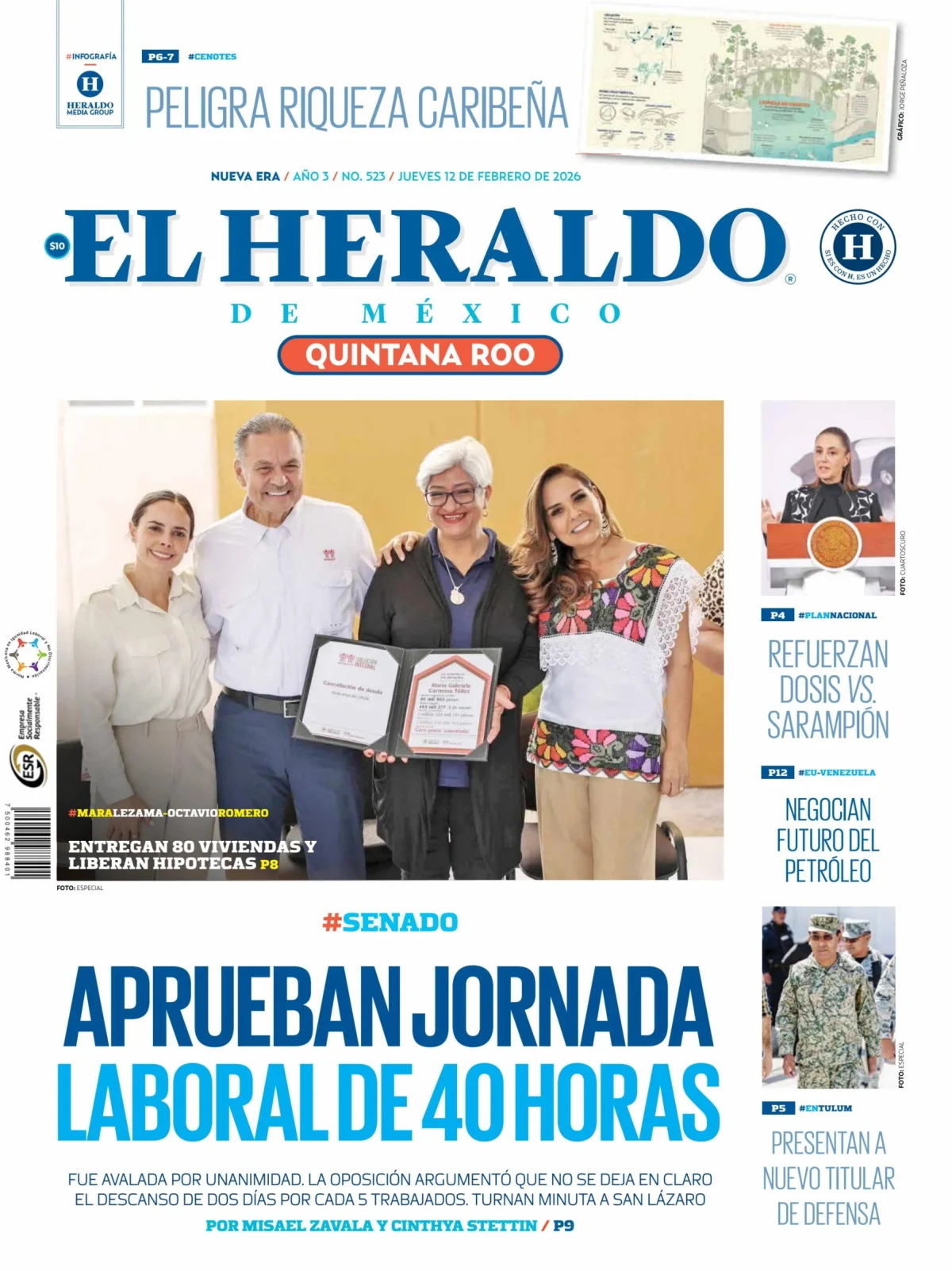 Portada de El Heraldo de Mexico - Quintana Roo del jueves, 12 de febrero de 2026