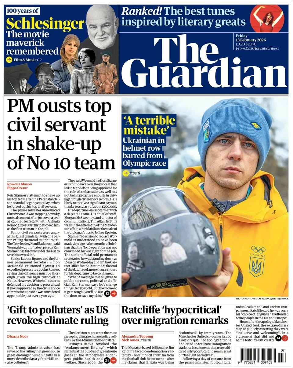 Portada de The Guardian (reino Unido) del viernes, 13 de febrero de 2026
