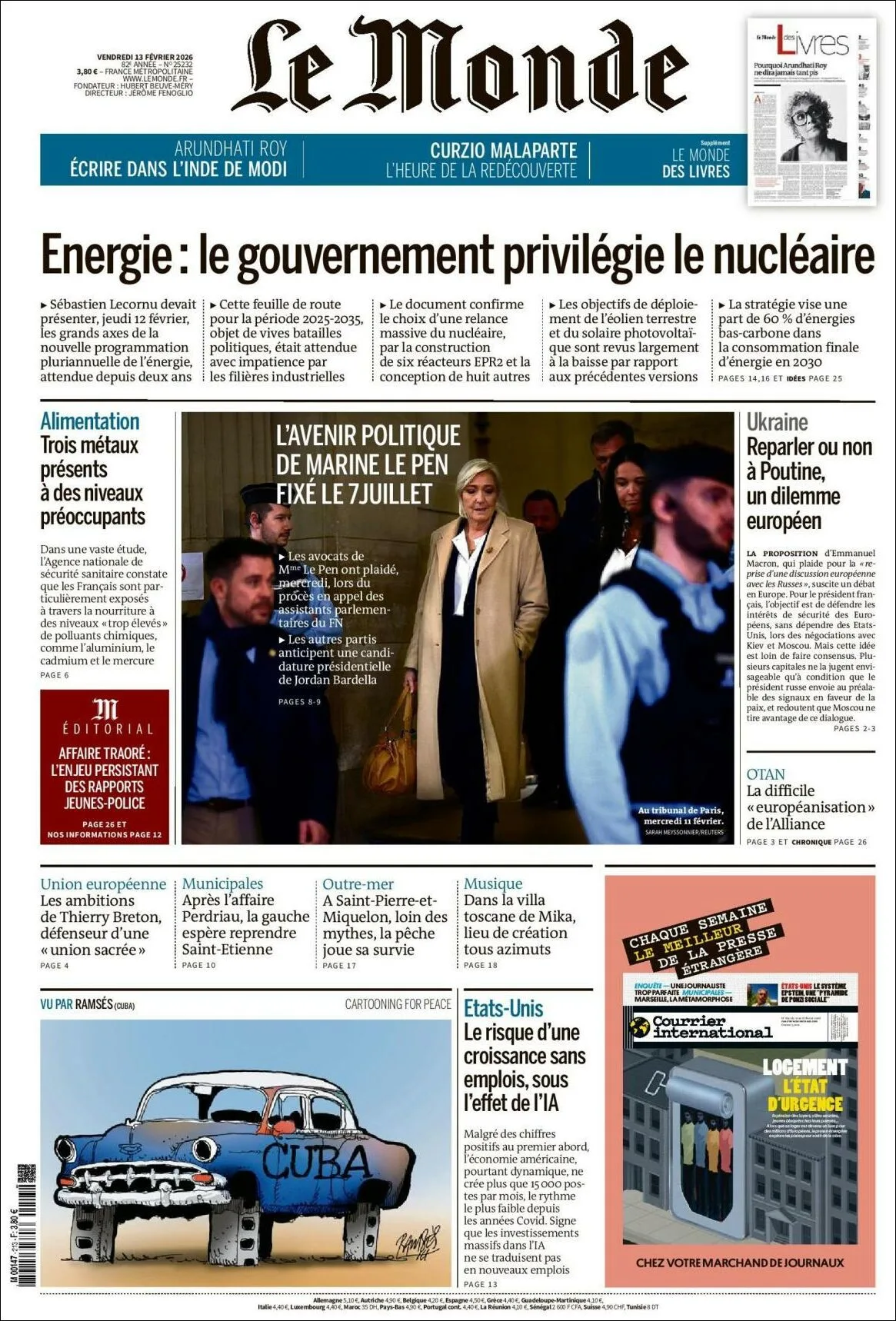 Portada de Le Monde del viernes, 13 de febrero de 2026