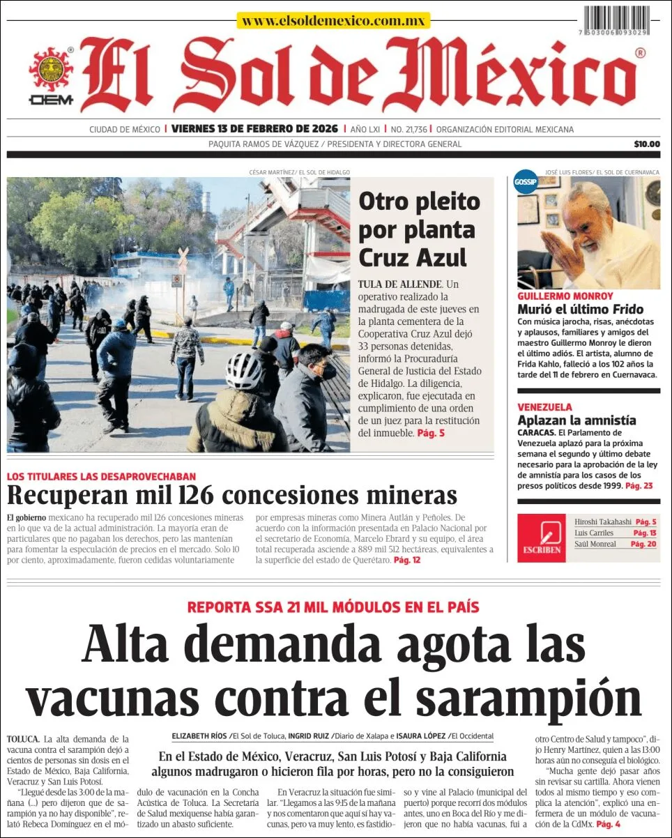 Portada de El Sol de Mexico del viernes, 13 de febrero de 2026