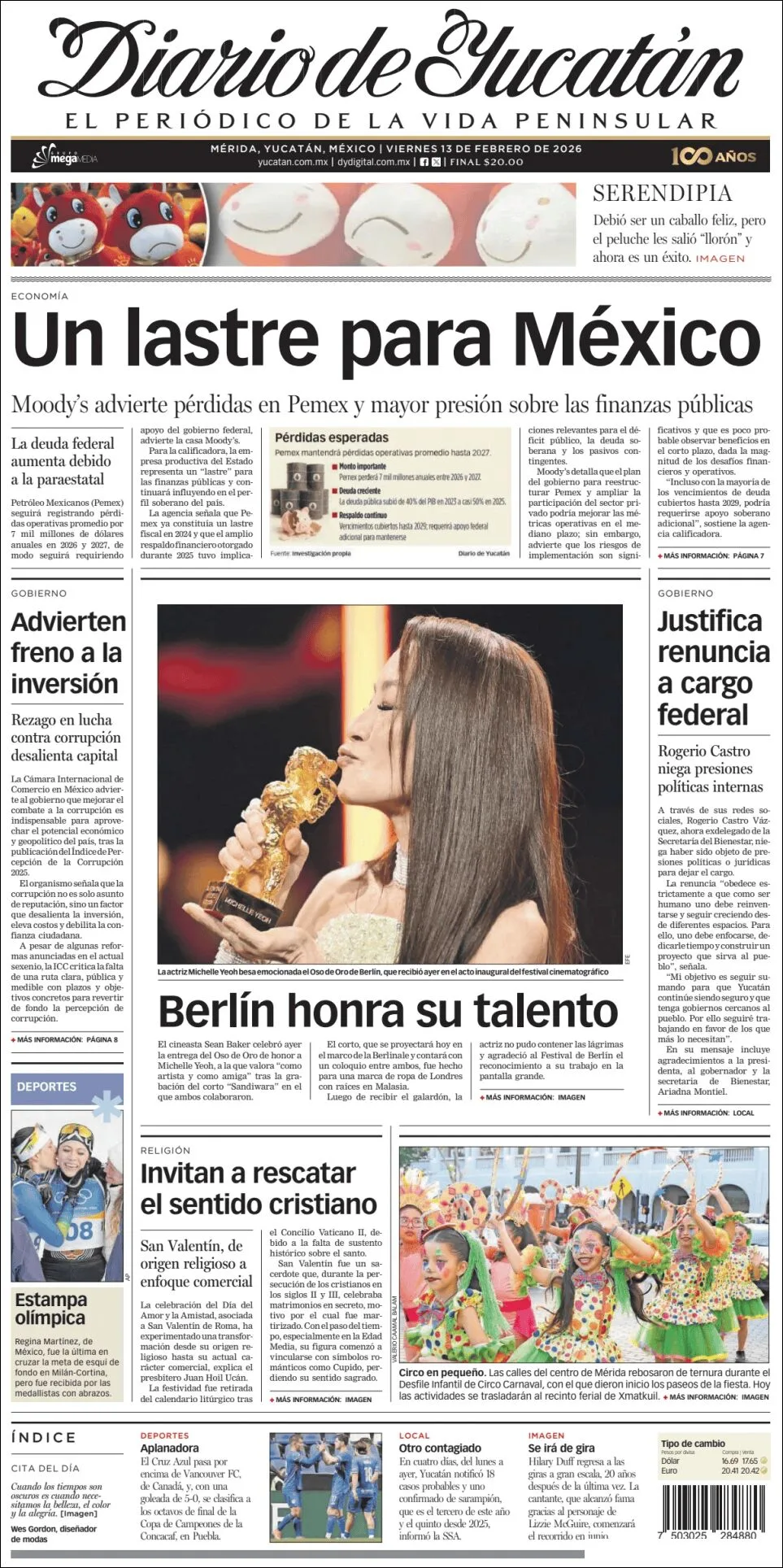 Portada de Diario de Yucatán del viernes, 13 de febrero de 2026
